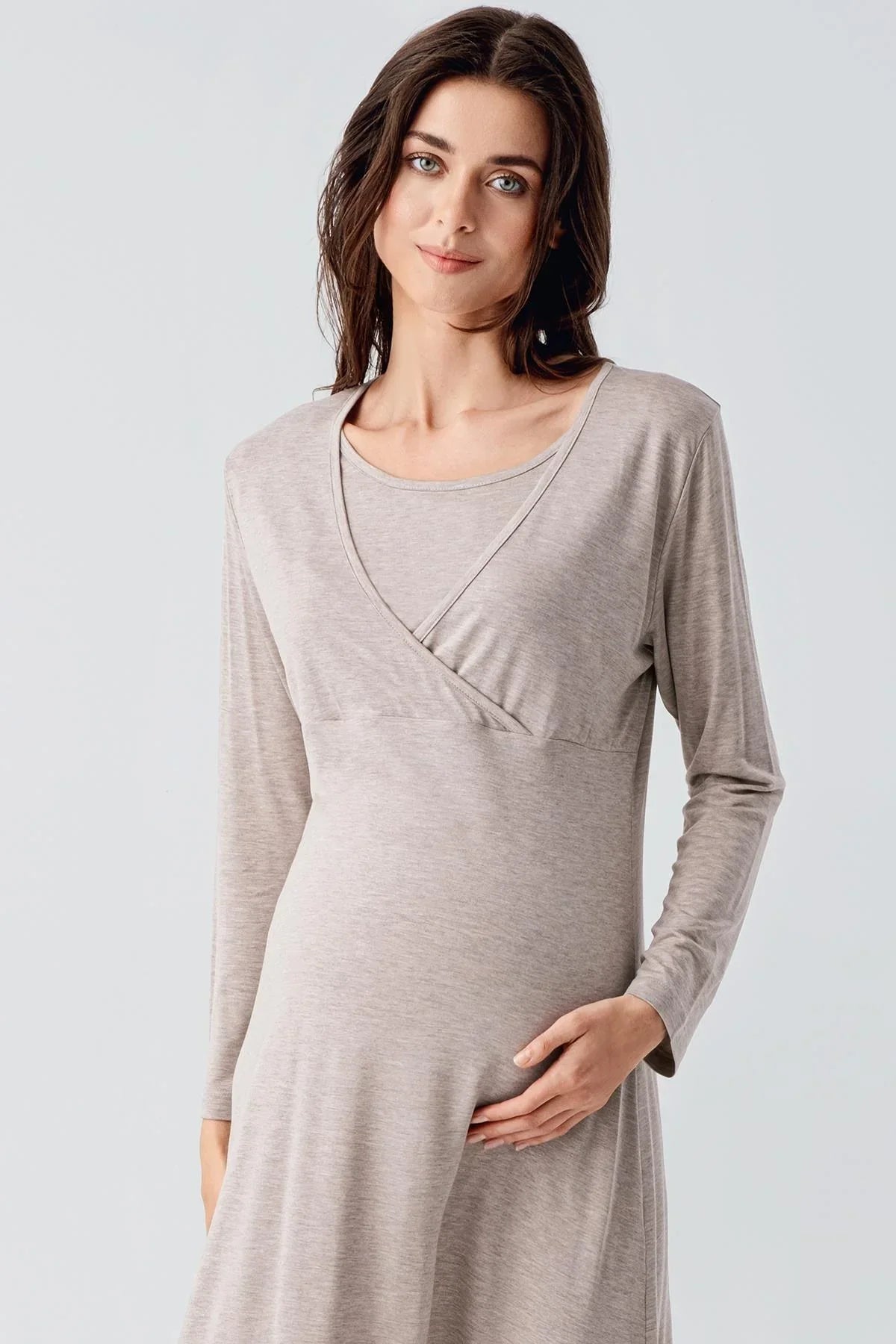 Melange Double Breasted Maternity & Nursing Nightgown Beige - 21105