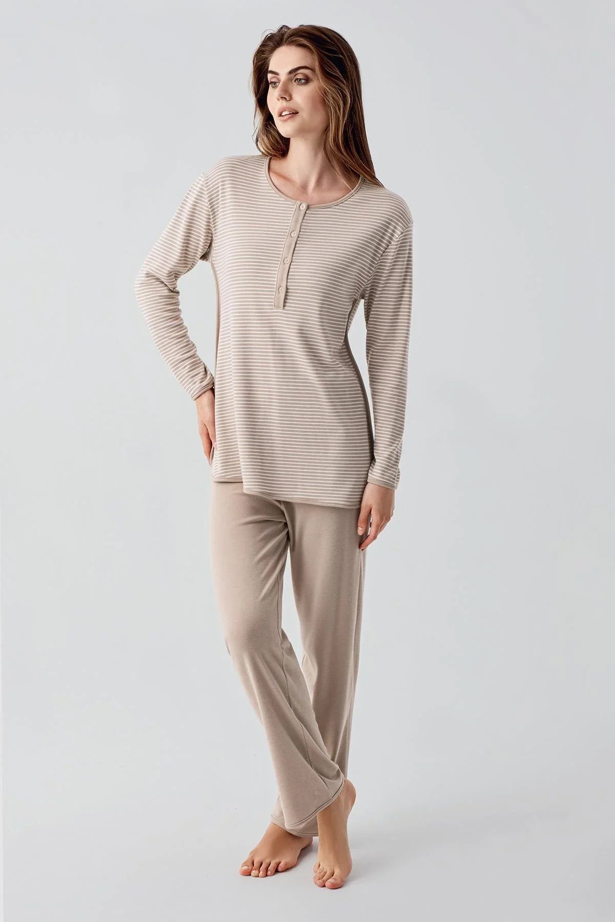 Striped Ruffled Maternity & Nursing Pajama Set Beige - 22103
