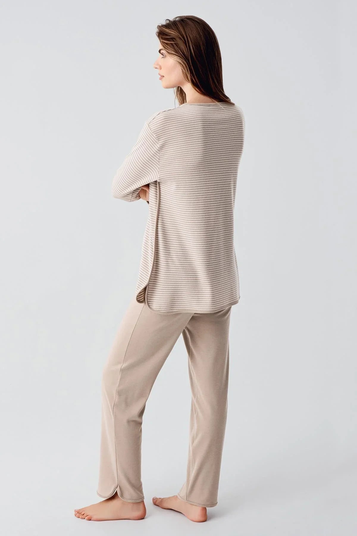 Striped Ruffled Maternity & Nursing Pajama Set Beige - 22103