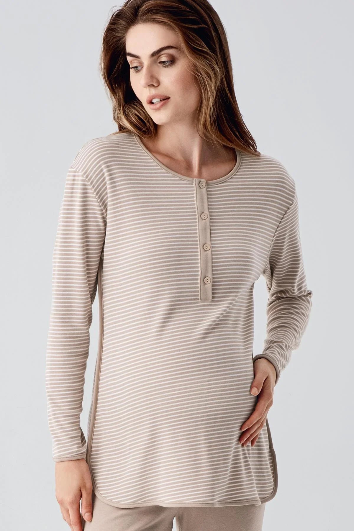 Striped Ruffled Maternity & Nursing Pajama Set Beige - 22103