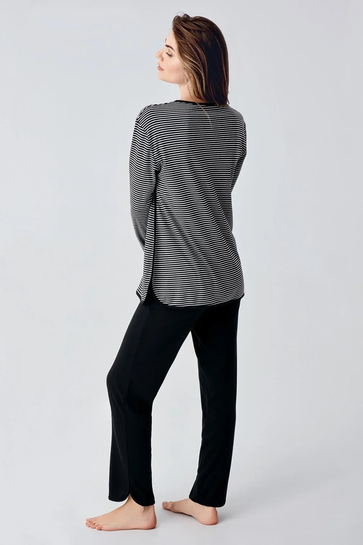 Striped Ruffled Maternity & Nursing Pajamas Black - 22103