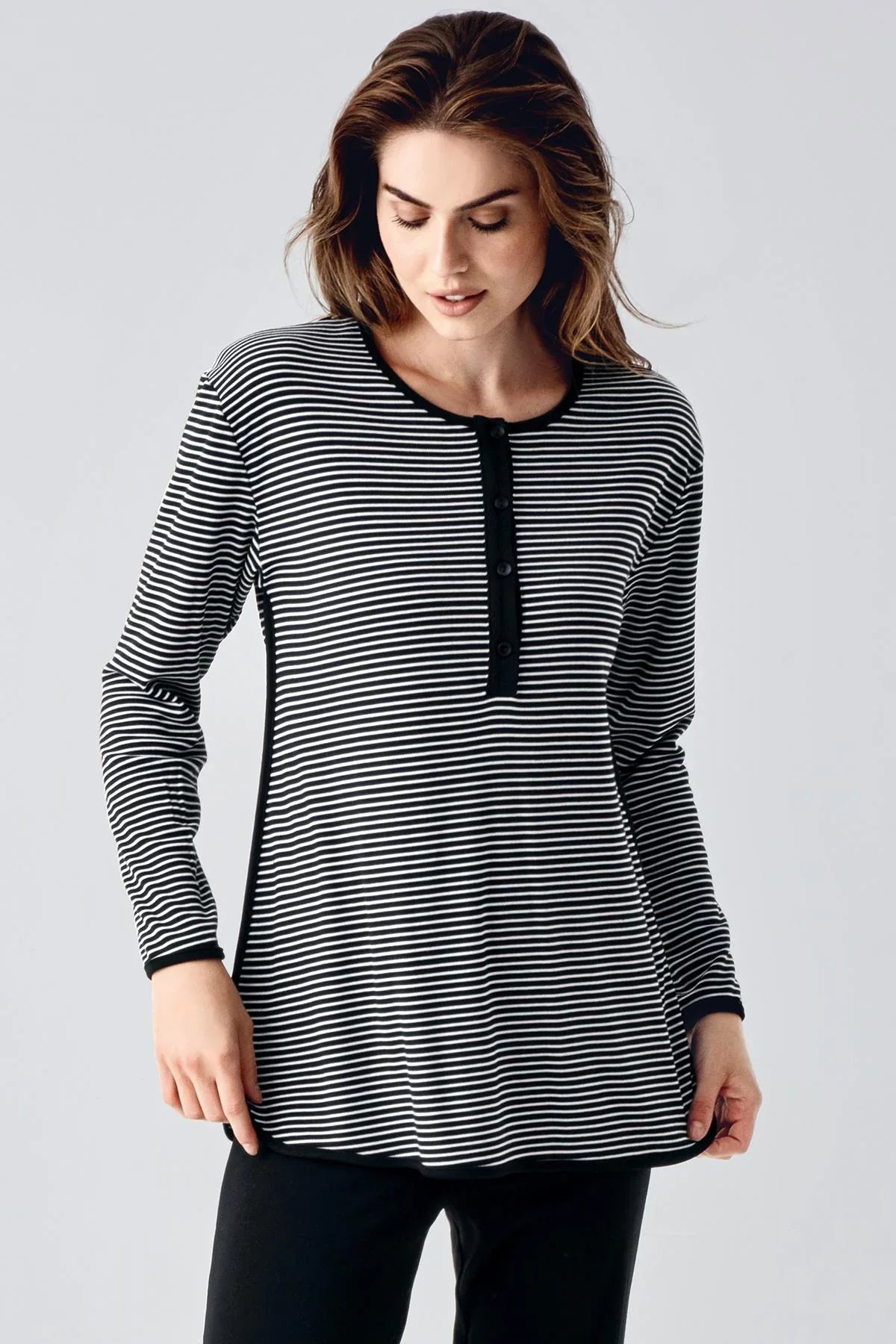 Striped Ruffled Maternity & Nursing Pajamas Black - 22103
