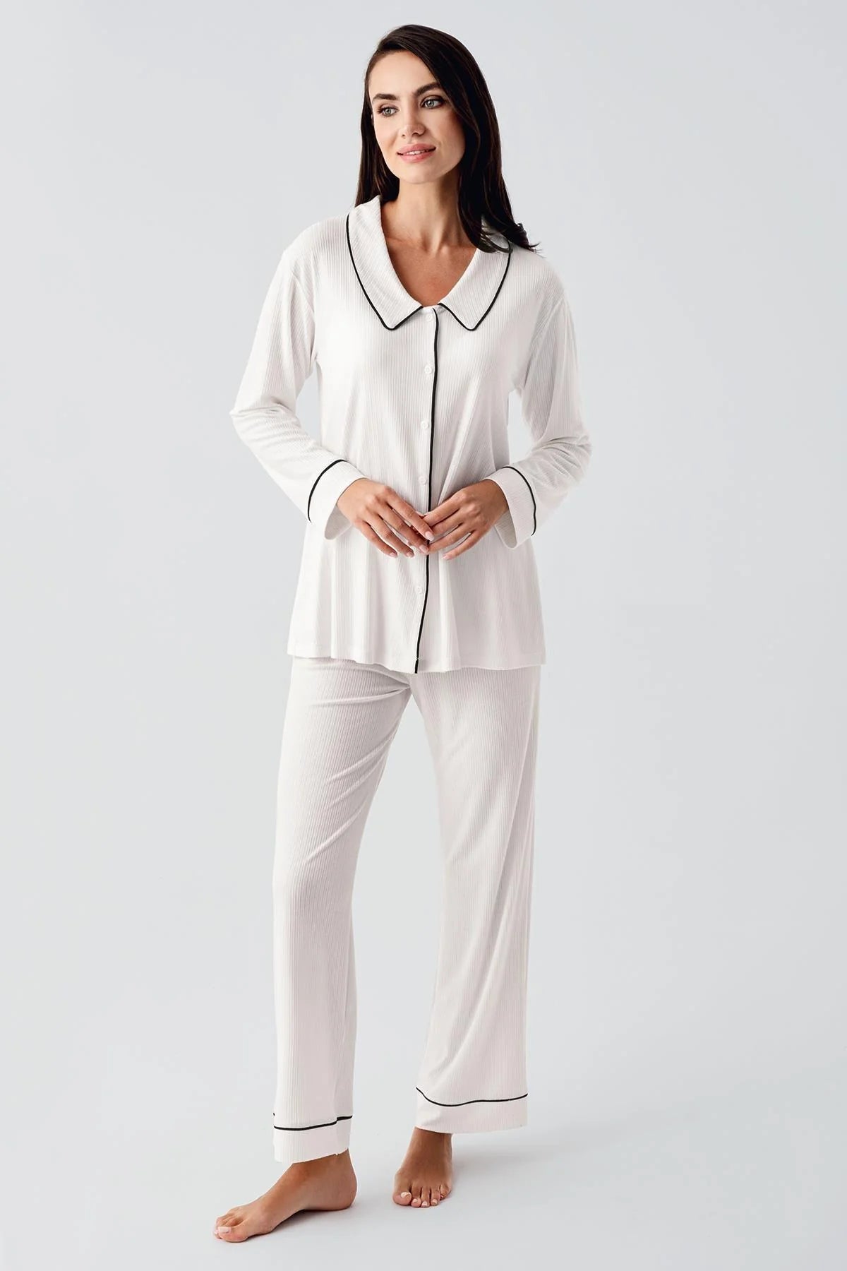 Baby Collar 3-Piece Maternity-Nursing Pajama & Robe Set Ecru - 23111