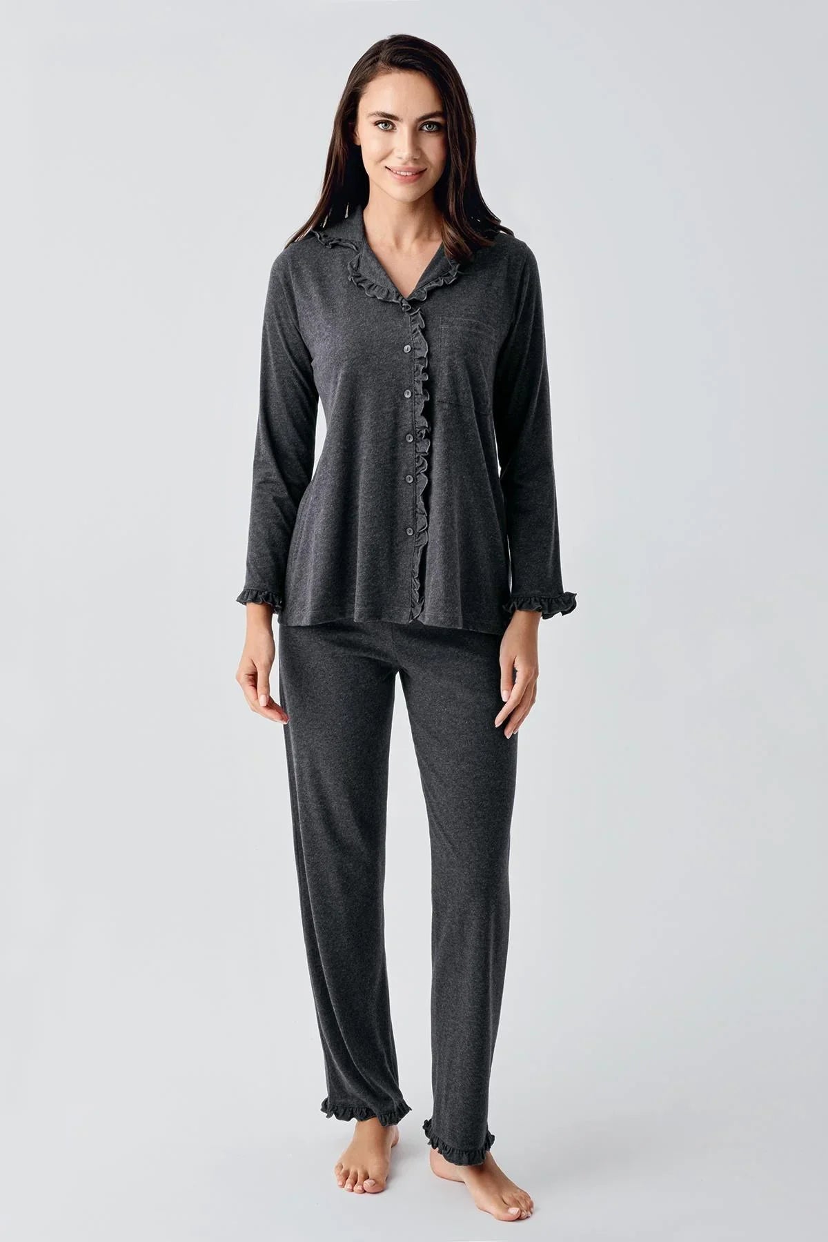 Cotton Melange Maternity & Nursing Pajama Set Anthracite - 22112