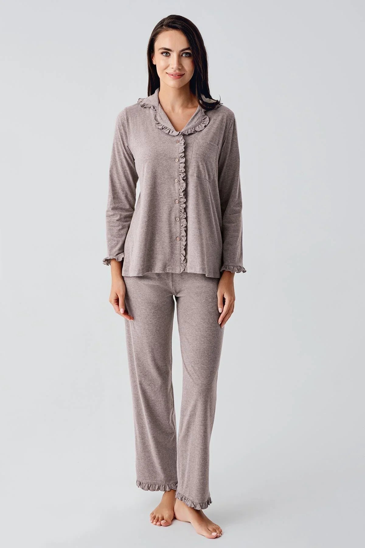 Cotton Melange Maternity & Nursing Pajama Set Coffee - 22112