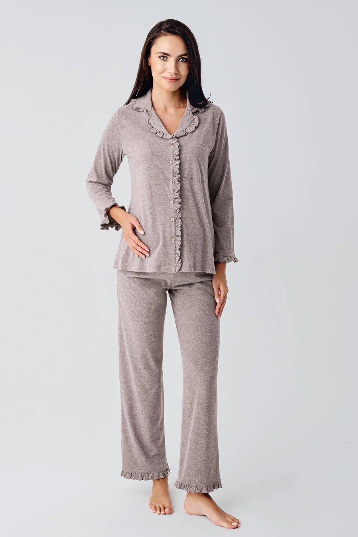 Cotton Melange Maternity & Nursing Pajama Set Coffee - 22112