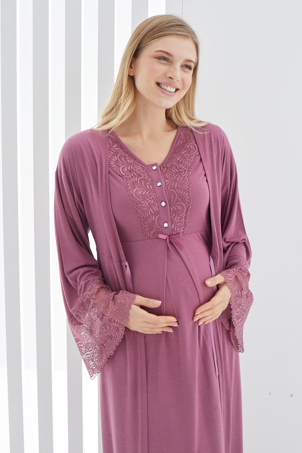 Lace Flywheel Arm Maternity-Nursing Nightgown & Robe Set Cherry - 2269