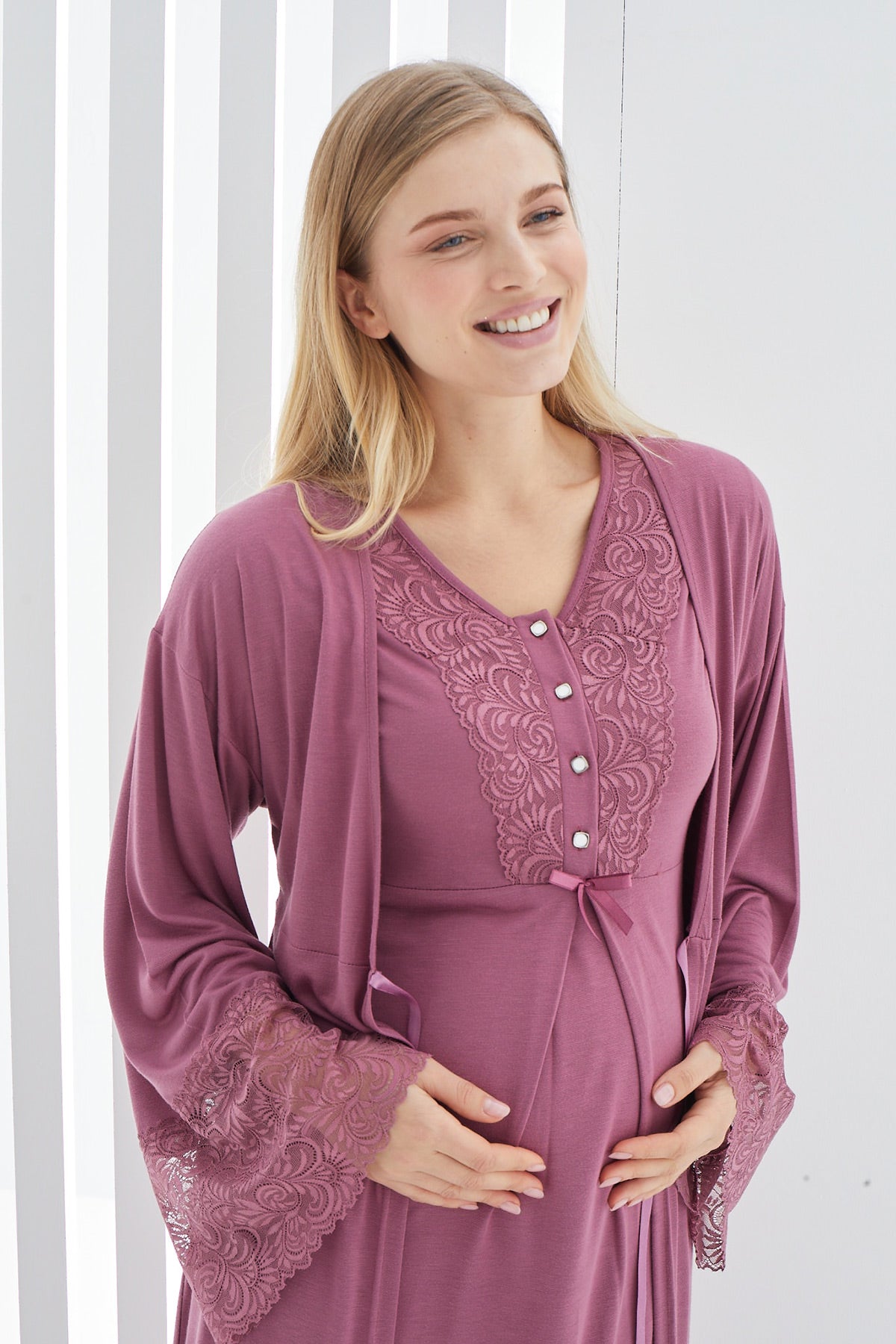 Lace Flywheel Arm Maternity-Nursing Nightgown & Robe Set Cherry - 2269