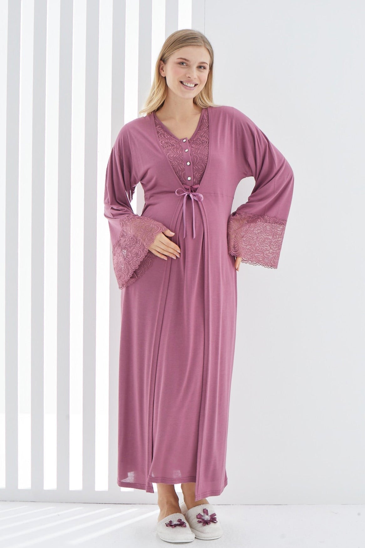 Lace Flywheel Arm Maternity-Nursing Nightgown & Robe Set Cherry - 2269