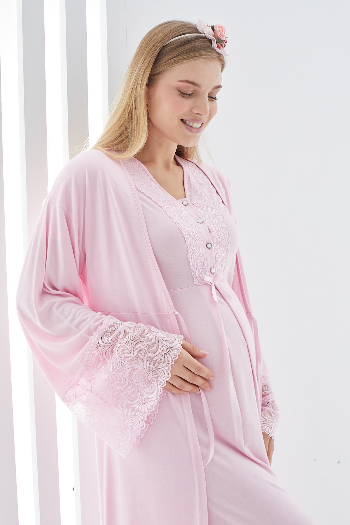 Lace Flywheel Arm Maternity-Nursing Nightgown & Robe Set Pink - 2269