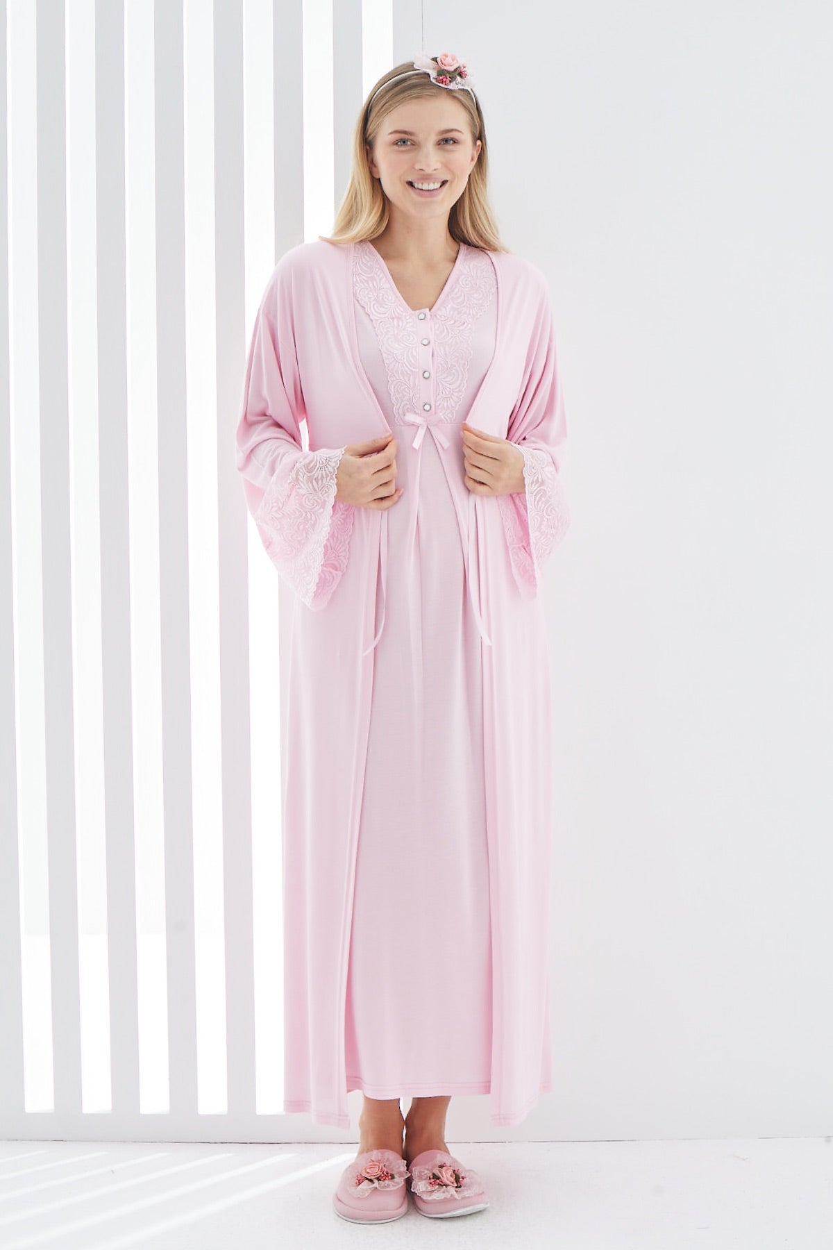 Lace Flywheel Arm Maternity-Nursing Nightgown & Robe Set Pink - 2269