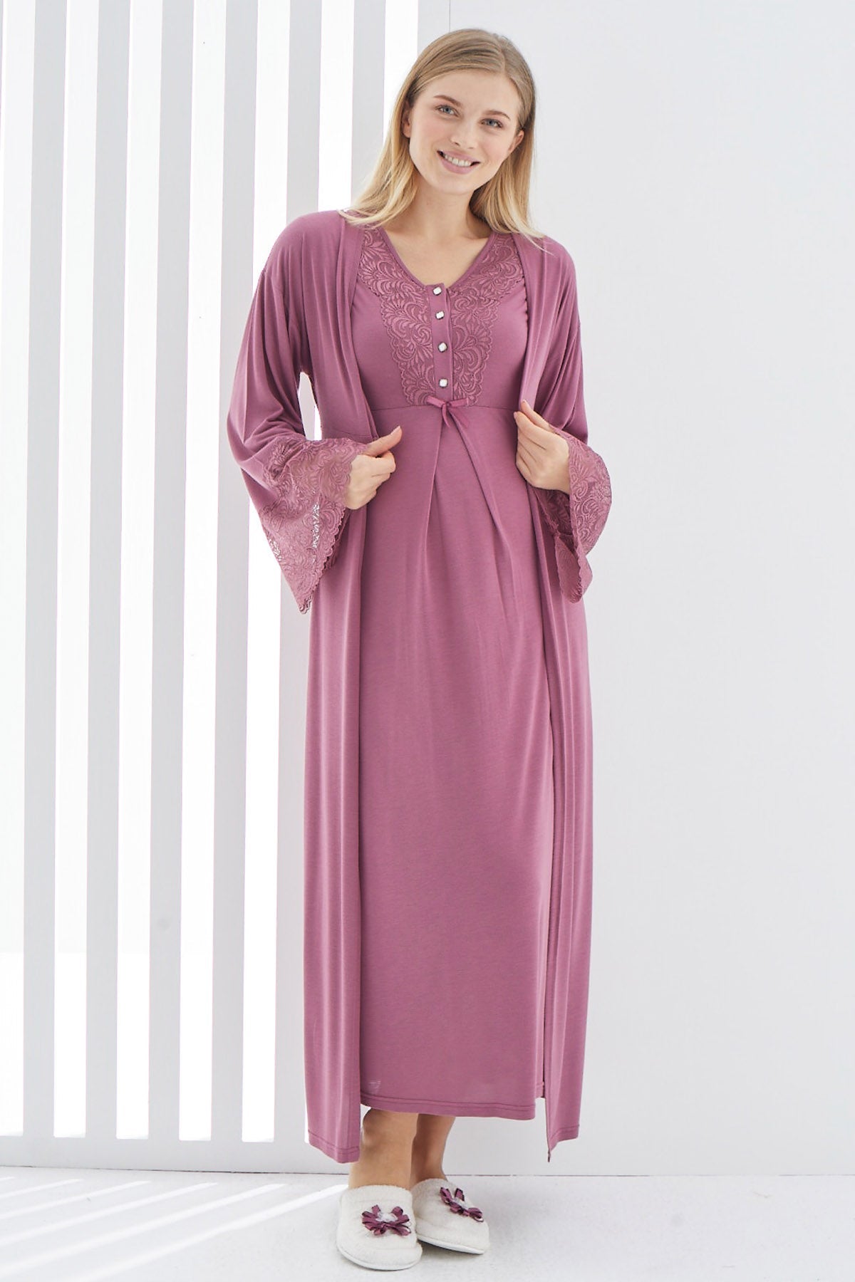 Lace Flywheel Arm Maternity-Nursing Nightgown & Robe Set Cherry - 2269
