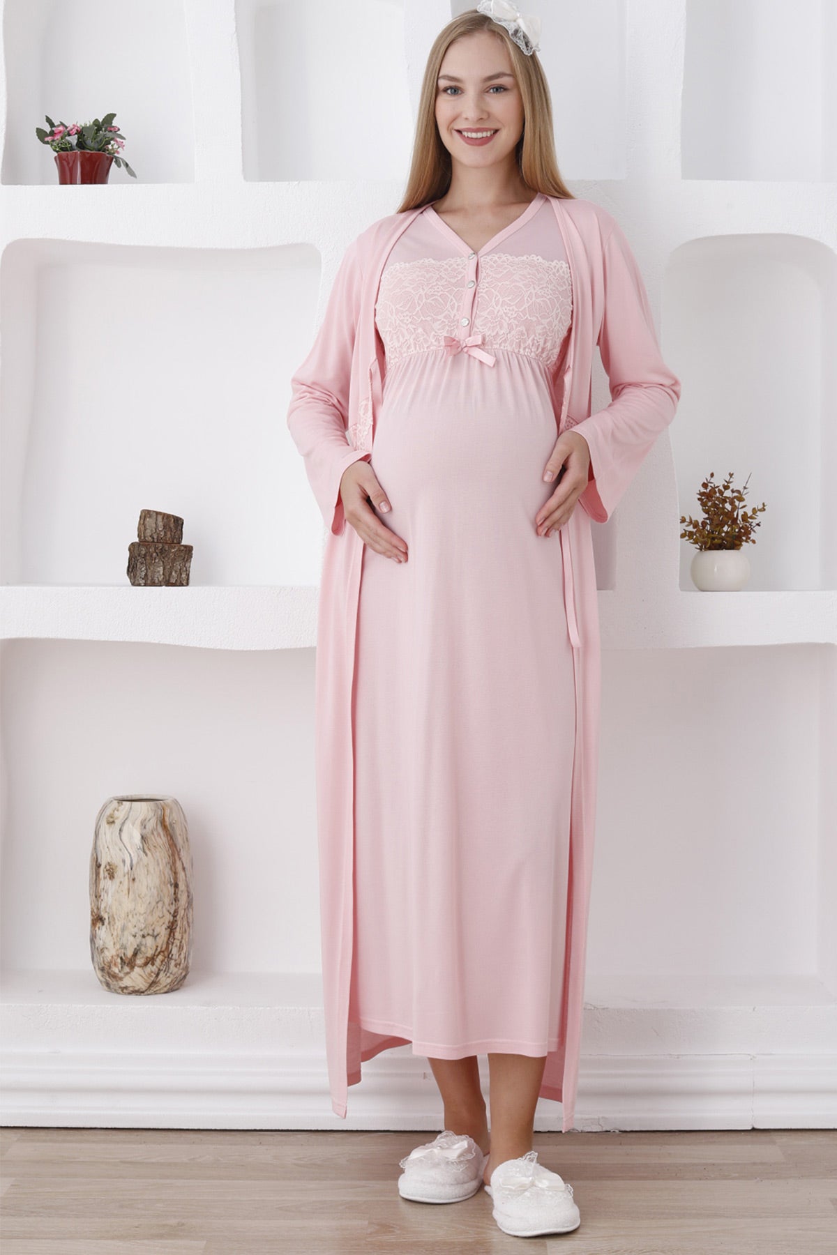 Flower Lace Collar Maternity-Nursing Nightgown Robe Set Salmon 228
