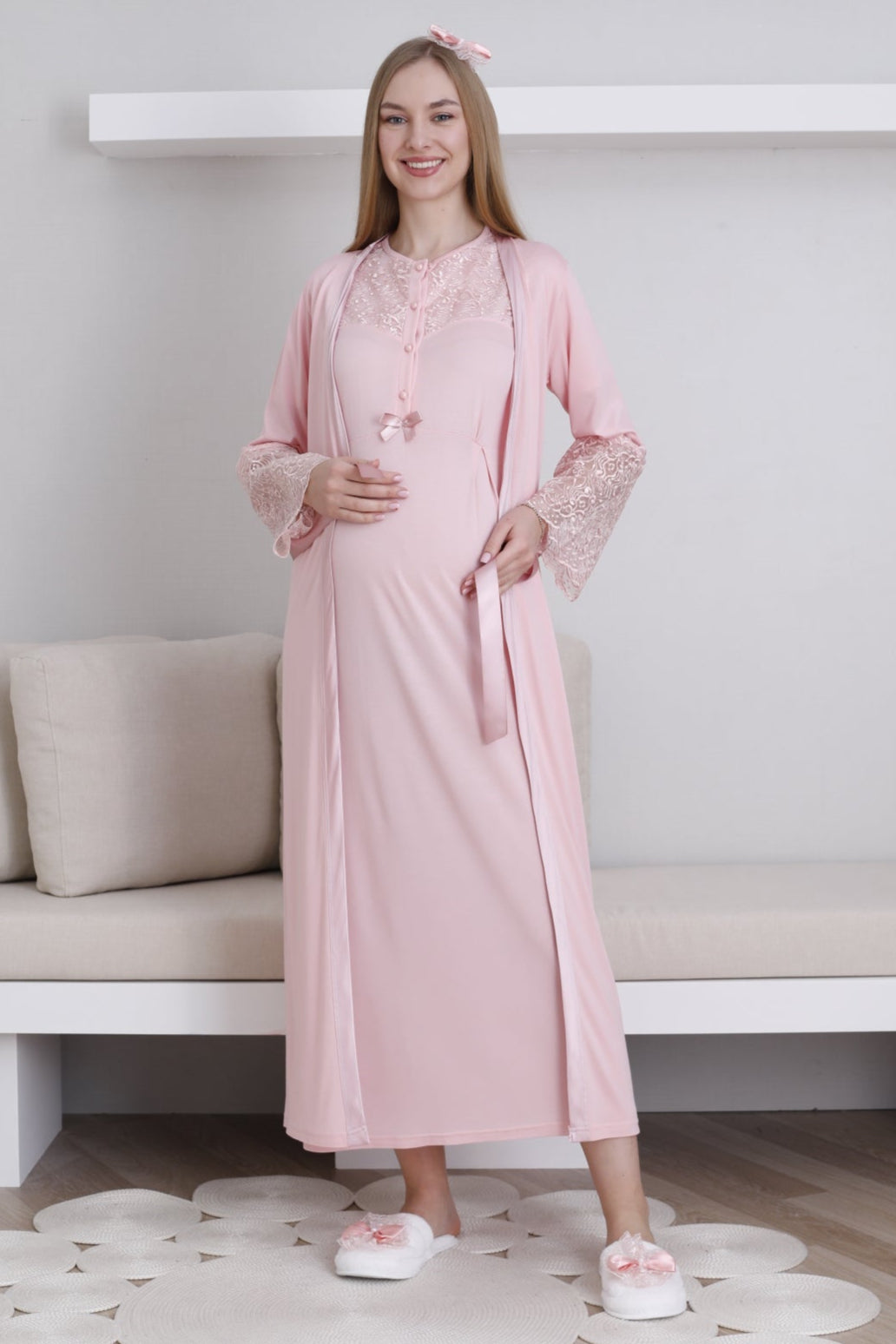 Lace Collar Maternity-Nursing Nightgown & Lace Sleeve Robe Set Salmon - 2296
