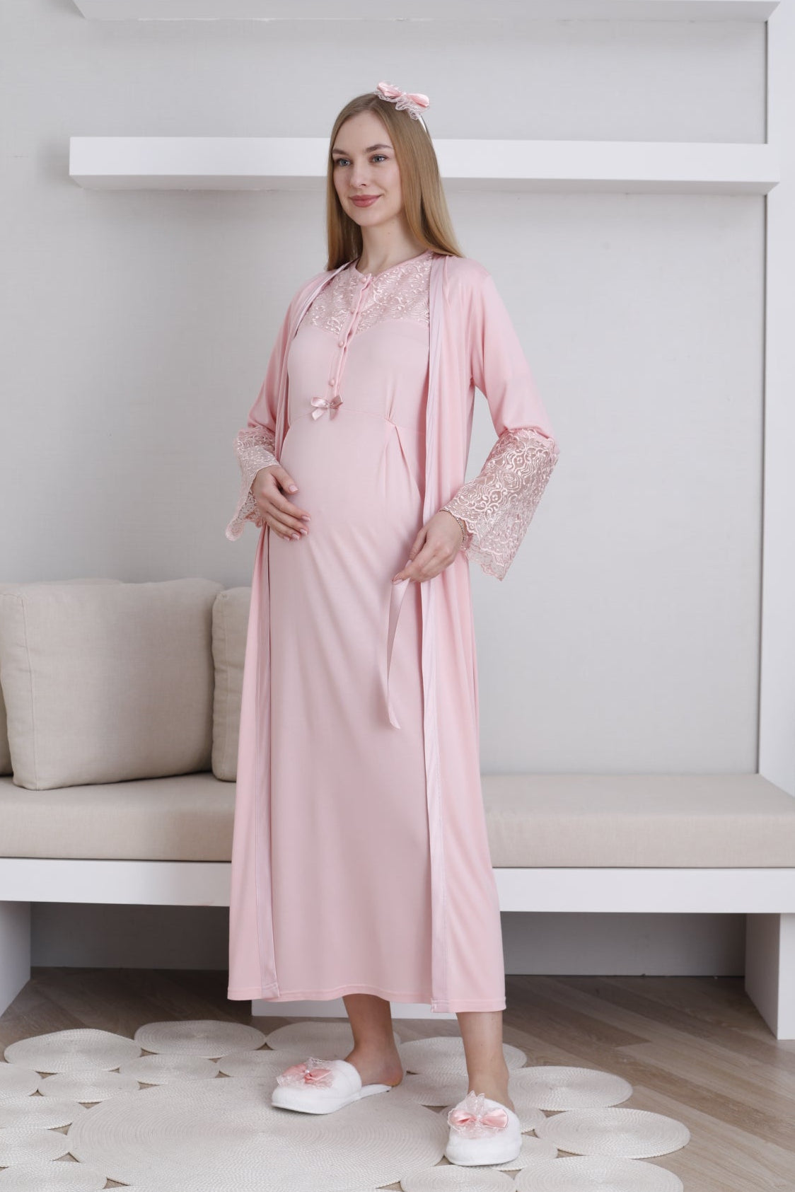 Lace Collar Maternity-Nursing Nightgown & Lace Sleeve Robe Set Salmon - 2296