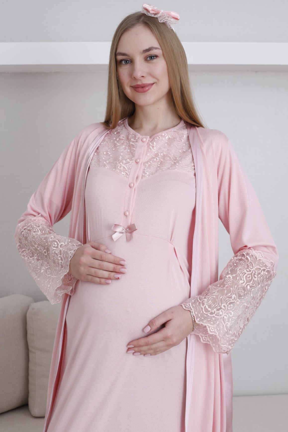 Lace Collar Maternity-Nursing Nightgown & Lace Sleeve Robe Set Salmon - 2296