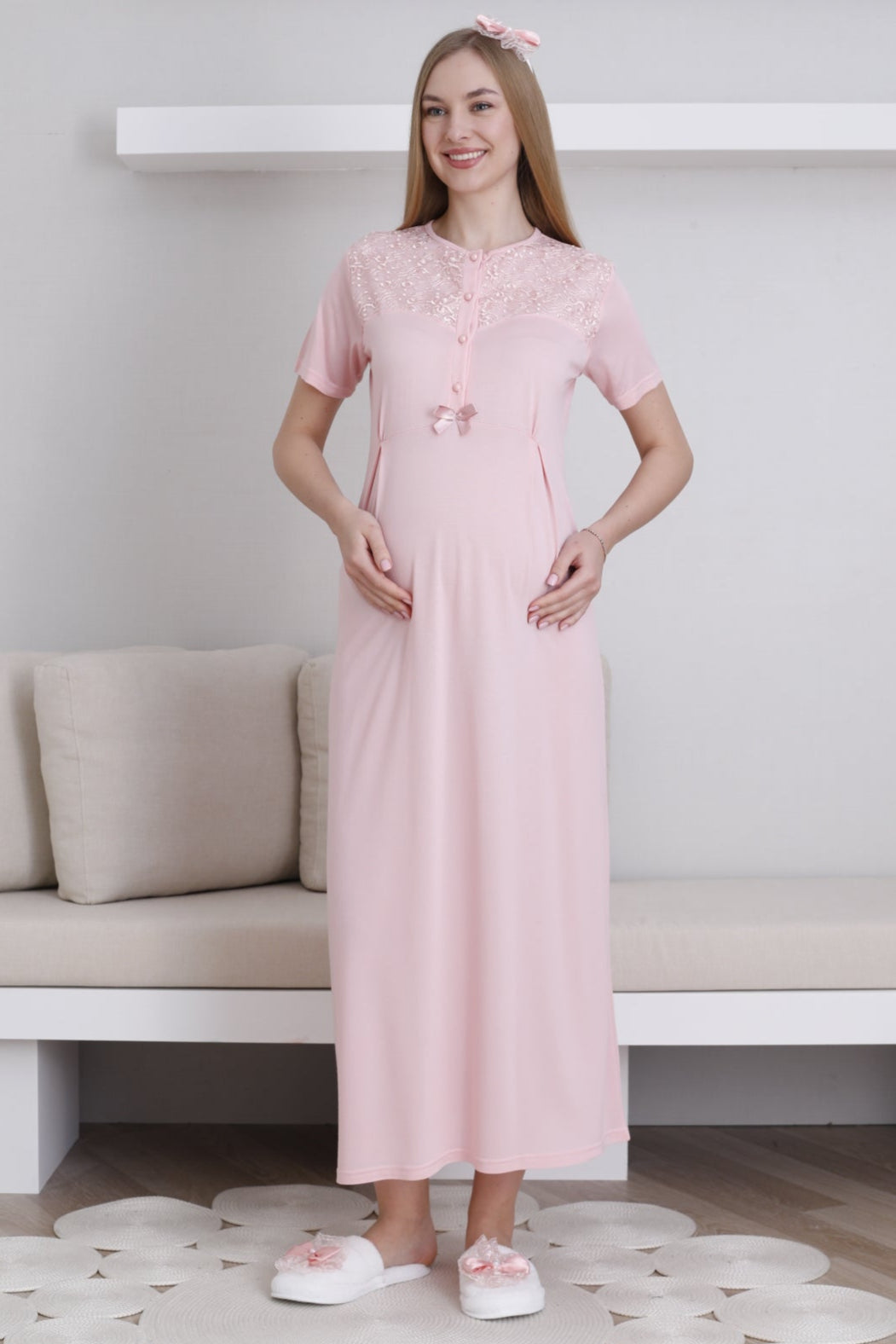 Lace Collar Maternity-Nursing Nightgown & Lace Sleeve Robe Set Salmon - 2296