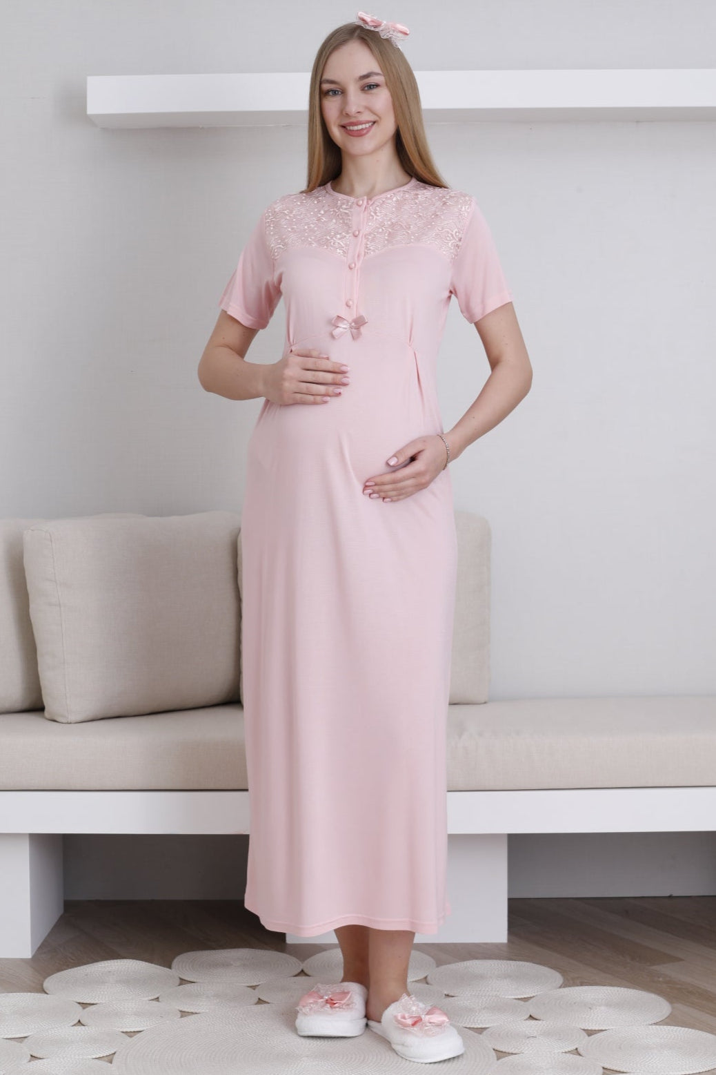 Lace Collar Maternity-Nursing Nightgown & Lace Sleeve Robe Set Salmon - 2296