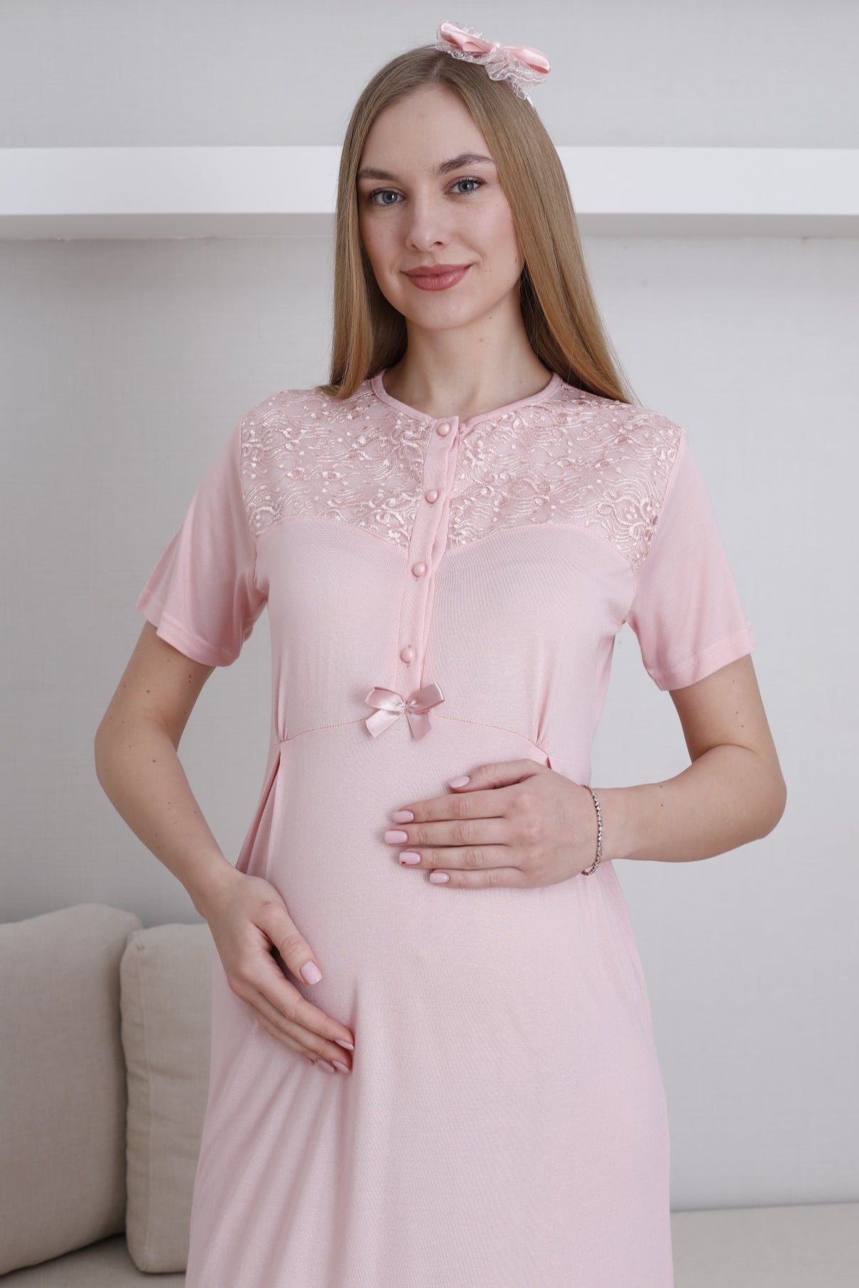Lace Collar Maternity-Nursing Nightgown & Lace Sleeve Robe Set Salmon - 2296