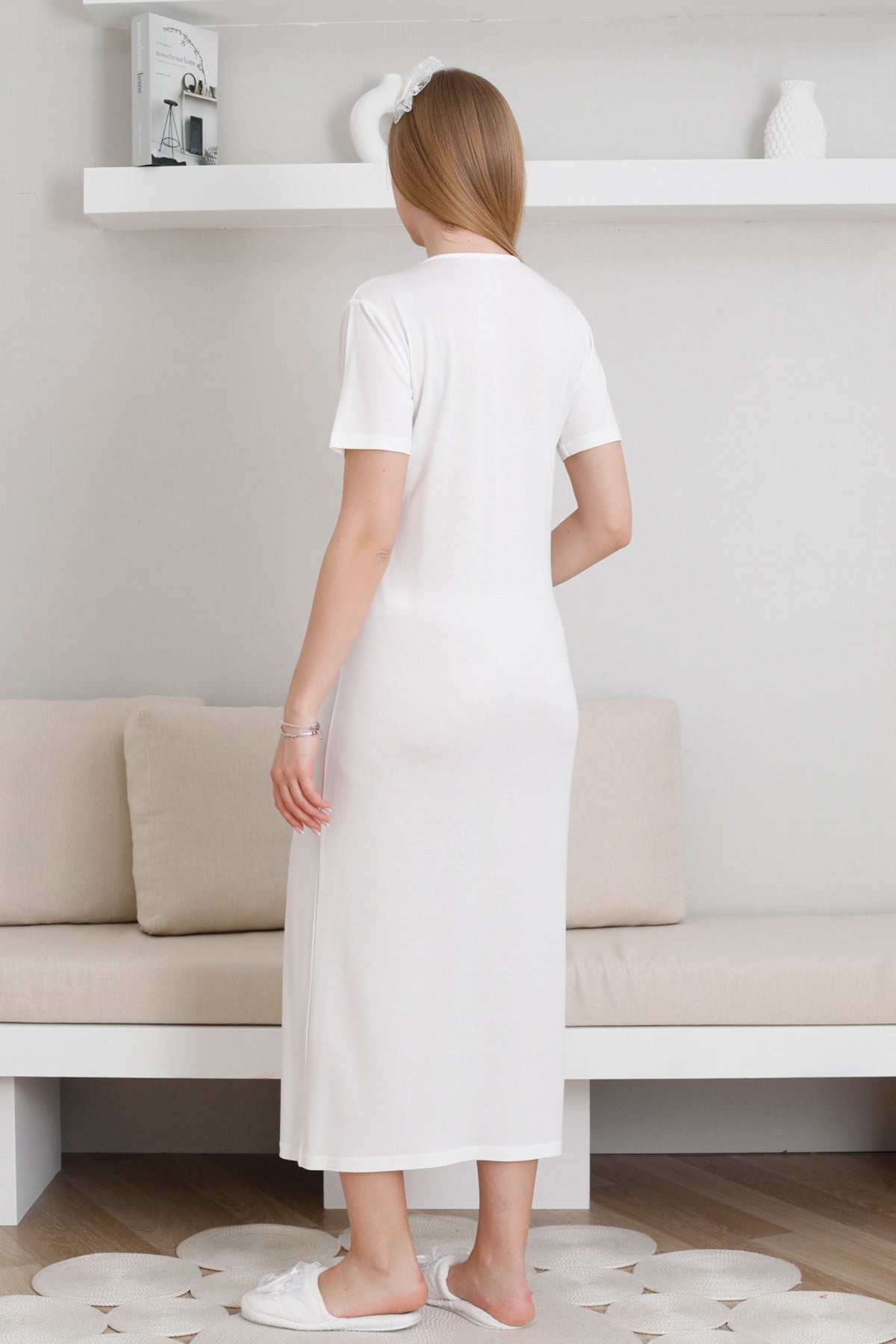 Lace Collar Maternity-Nursing Nightgown & Patterned Robe Set Ecru - 2299