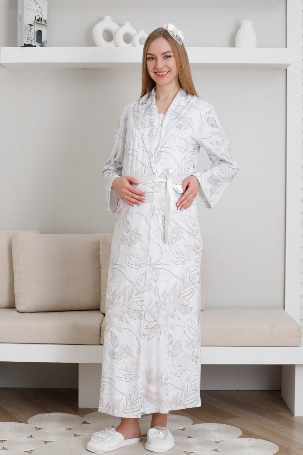 Lace Collar Maternity-Nursing Nightgown & Patterned Robe Set Ecru - 2299