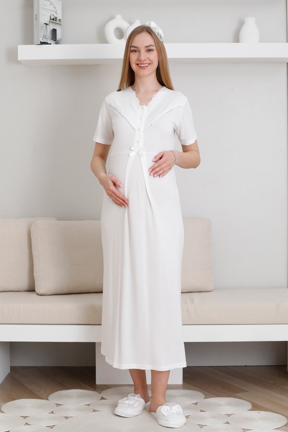 Lace Collar Maternity-Nursing Nightgown & Patterned Robe Set Ecru - 2299