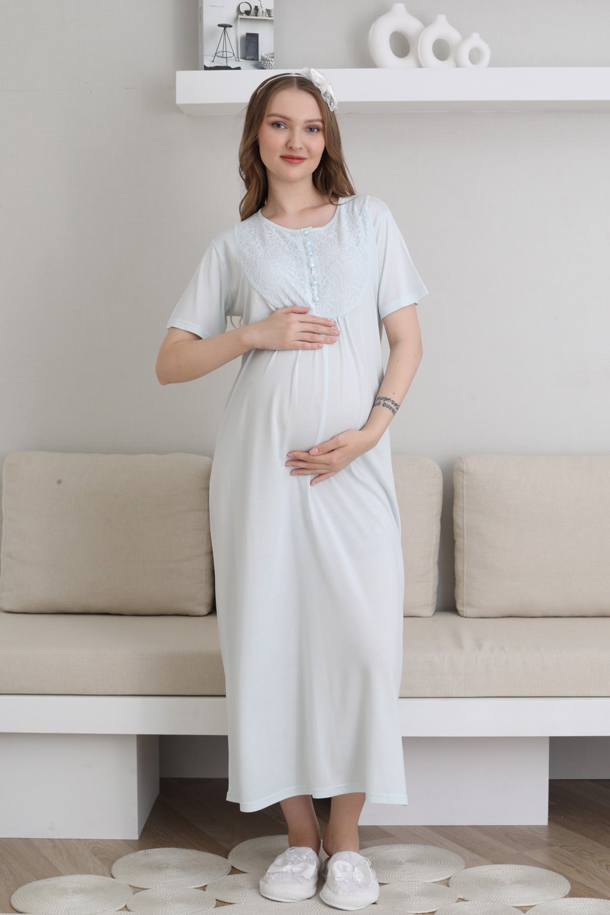 Guipure Collar Maternity-Nursing Nightgown & Patterned Robe Set Blue - 2300