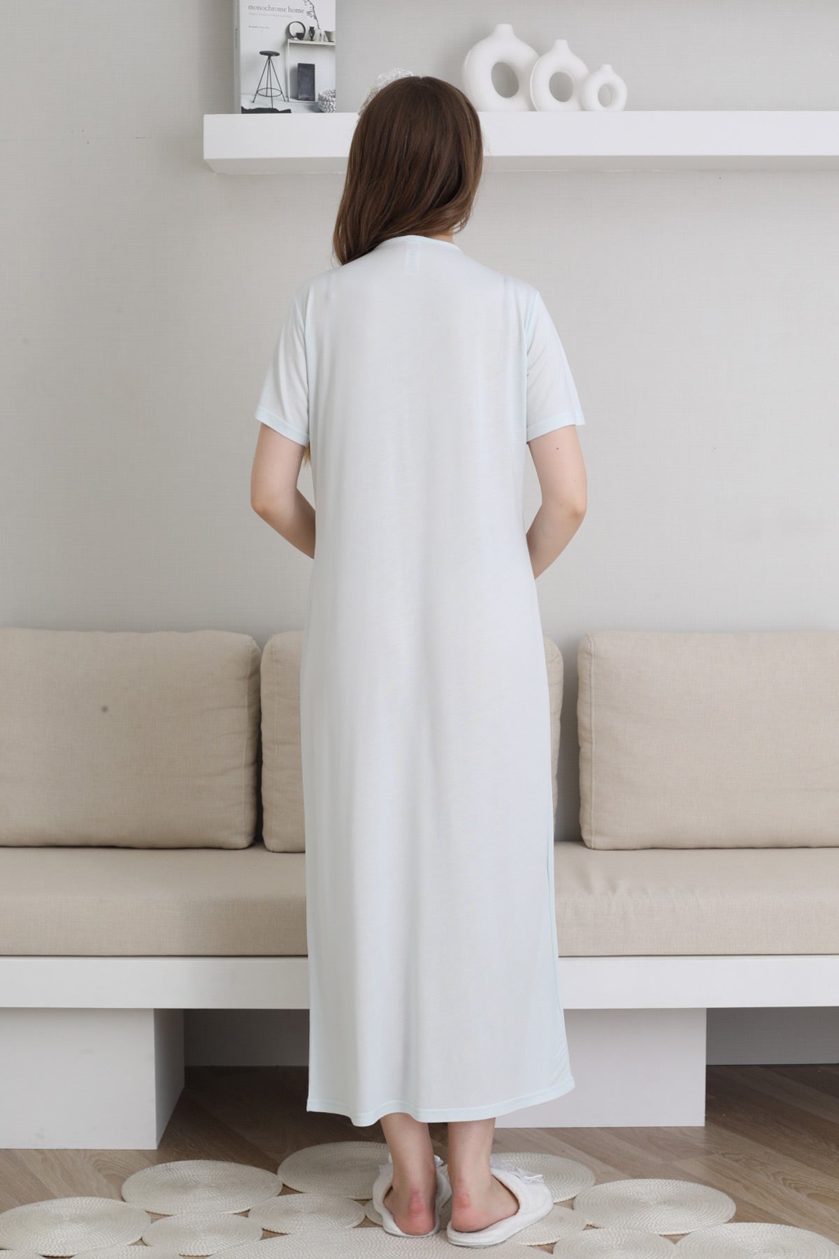 Guipure Collar Maternity-Nursing Nightgown & Patterned Robe Set Blue - 2300