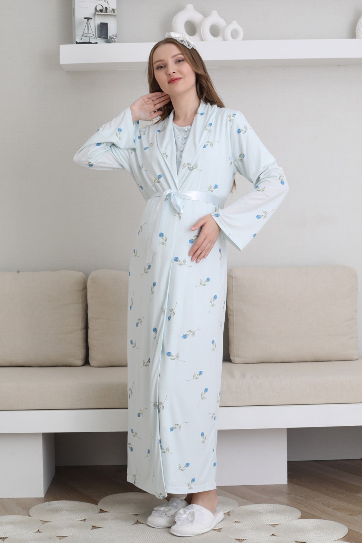 Guipure Collar Maternity-Nursing Nightgown & Patterned Robe Set Blue - 2300