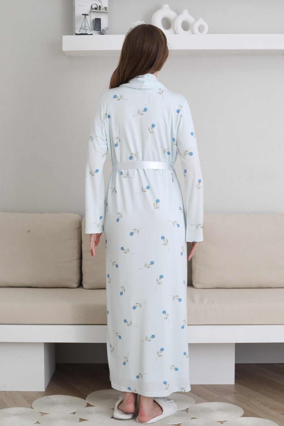 Guipure Collar Maternity-Nursing Nightgown & Patterned Robe Set Blue - 2300