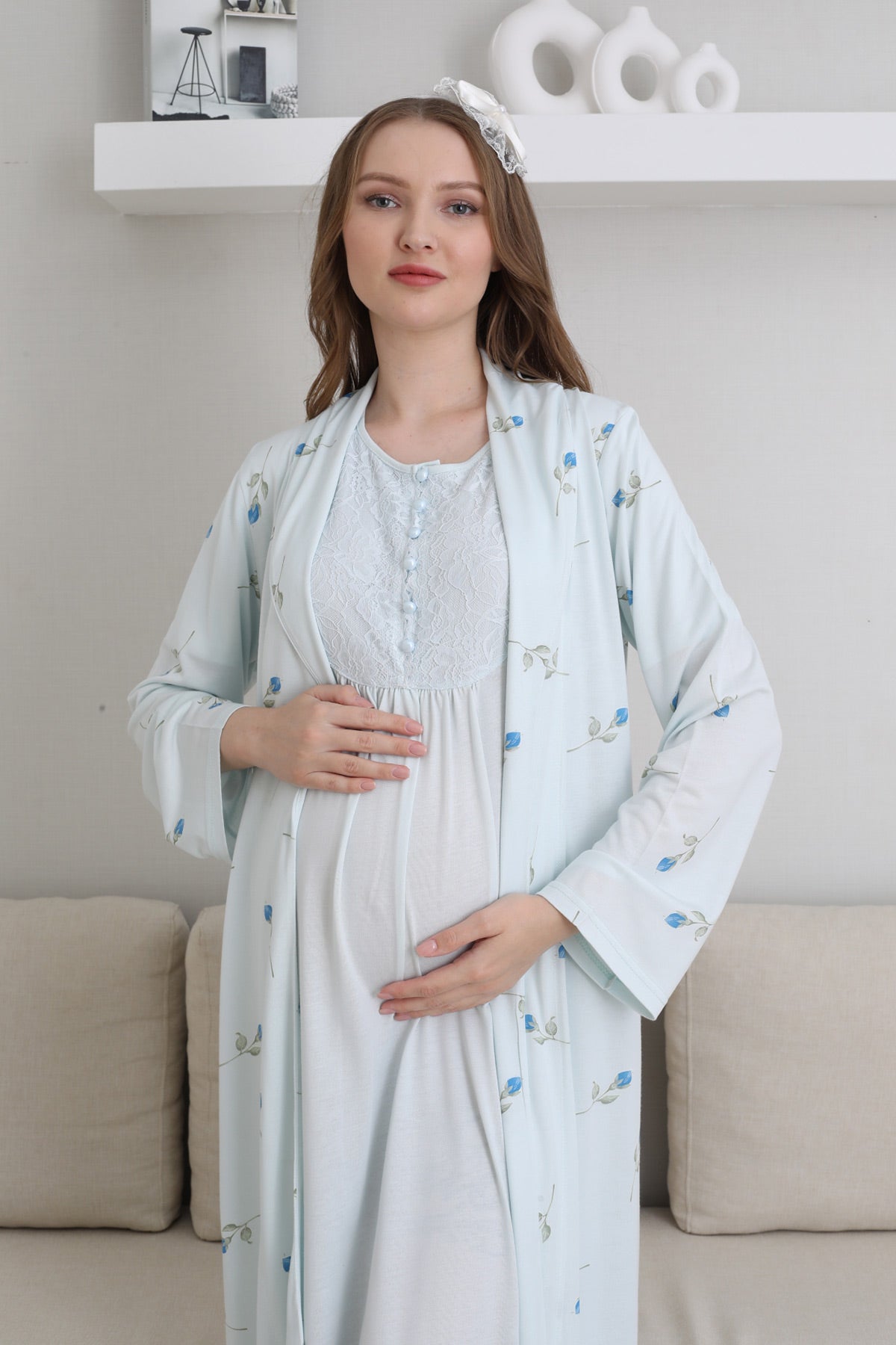 Guipure Collar Maternity-Nursing Nightgown & Patterned Robe Set Blue - 2300