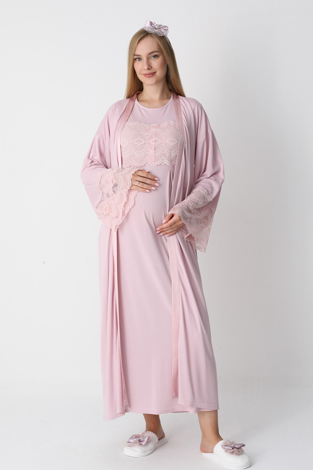 Lace Detailed Maternity-Nursing Nightgown & Flywheel Arm Robe Set Powder - 2301