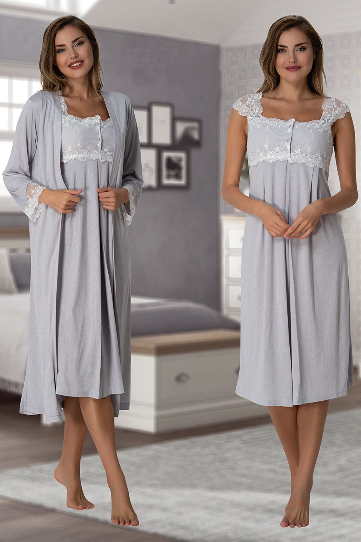 Lace Shoulder 4 Piece Maternity-Nursing Set Grey - 2305