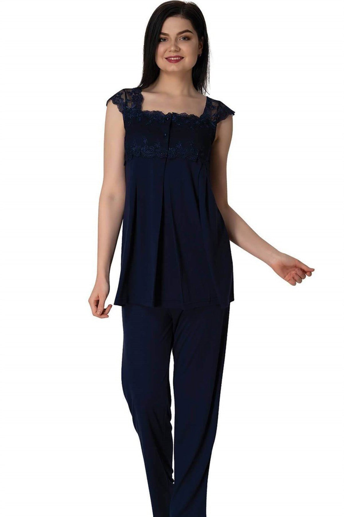 Lace Shoulder 4 Piece Maternity-Nursing Set Navy Blue - 2305