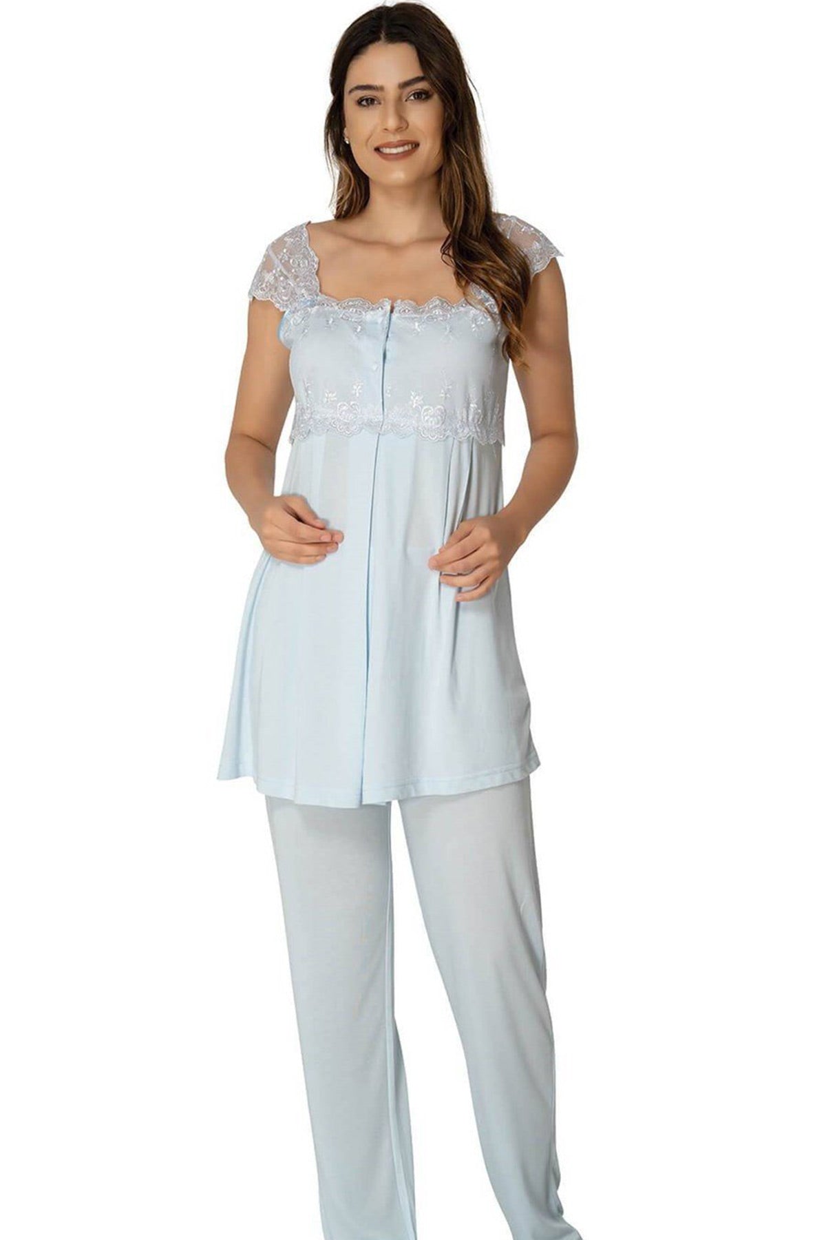 Lace Shoulder 4-Piece Maternity-Nursing Set Blue - 2305