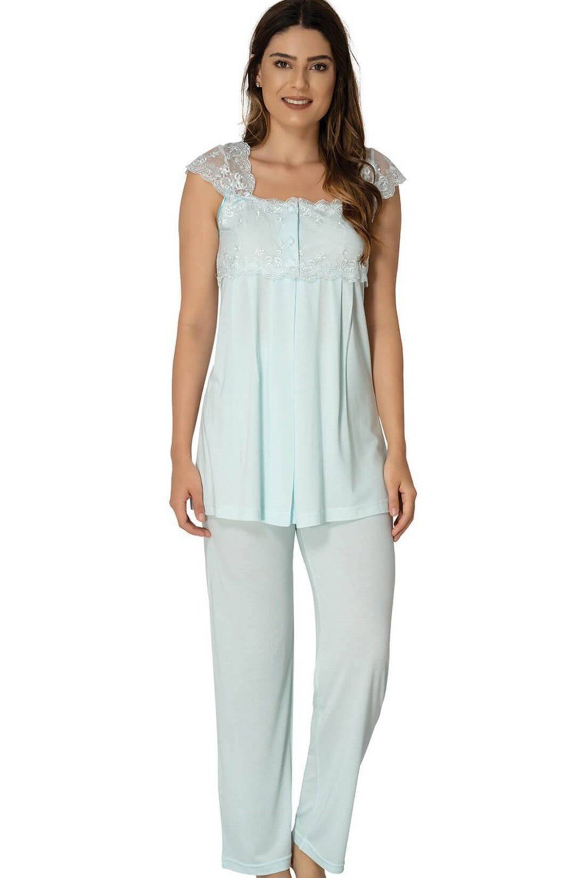 Lace Shoulder Maternity & Nursing Pajama Set Turquoise - 2303