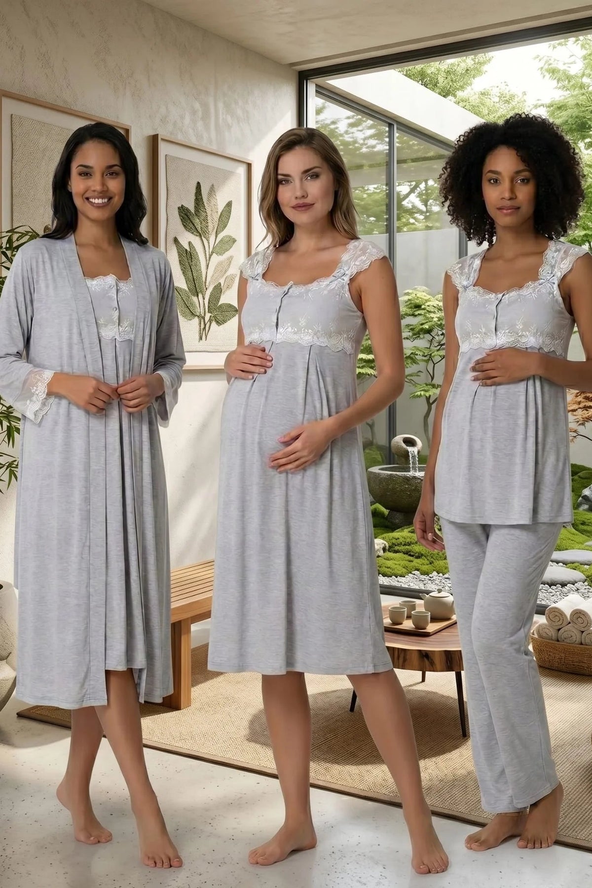 Lace Shoulder 4-Piece Maternity-Nursing Set Grey - 2305