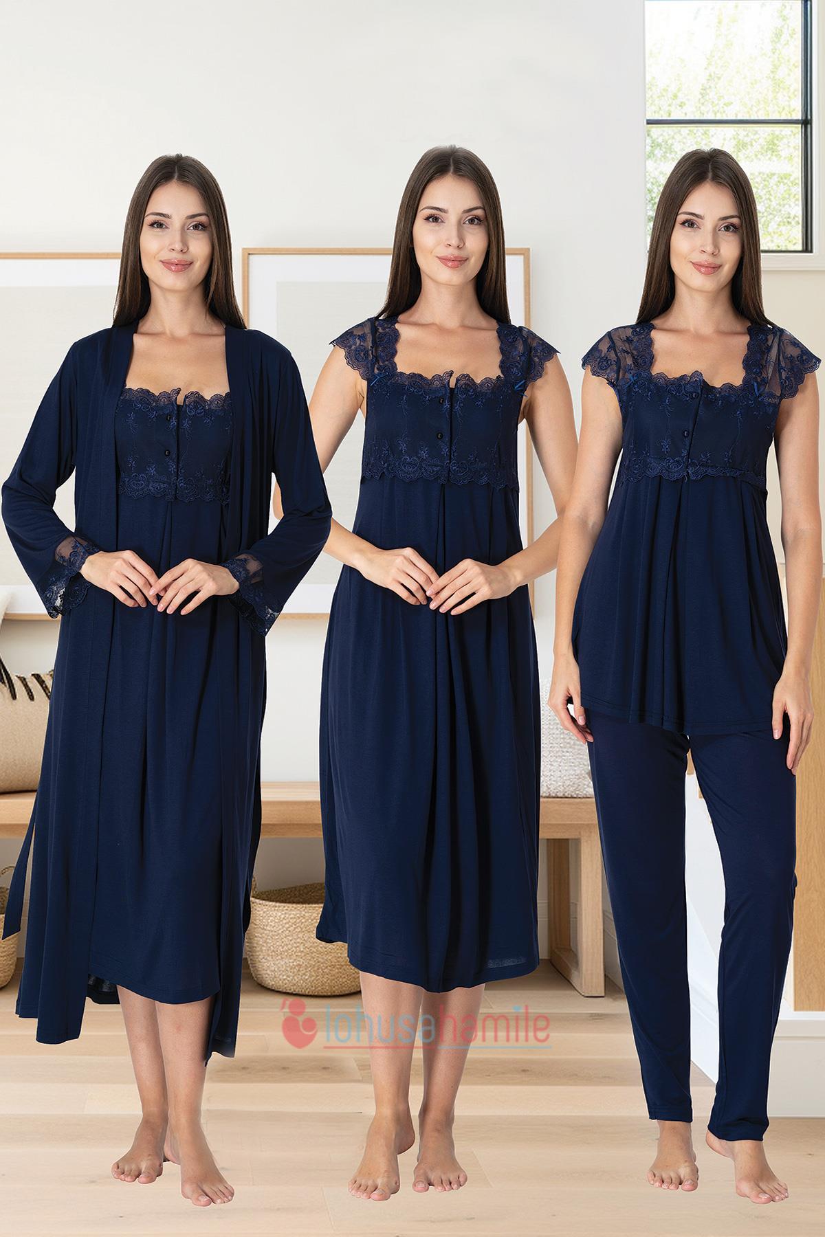 Lace Shoulder 4 Piece Maternity-Nursing Set Navy Blue - 2305
