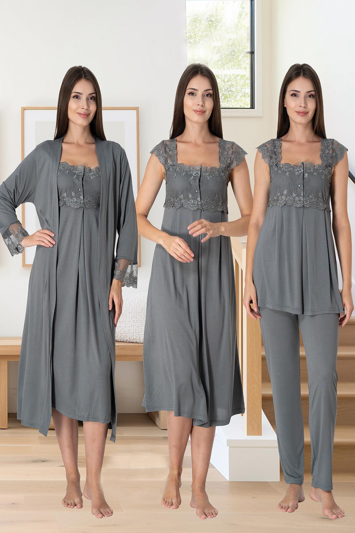 Lace Shoulder 4 Piece Maternity-Nursing Set Anthracite - 2305