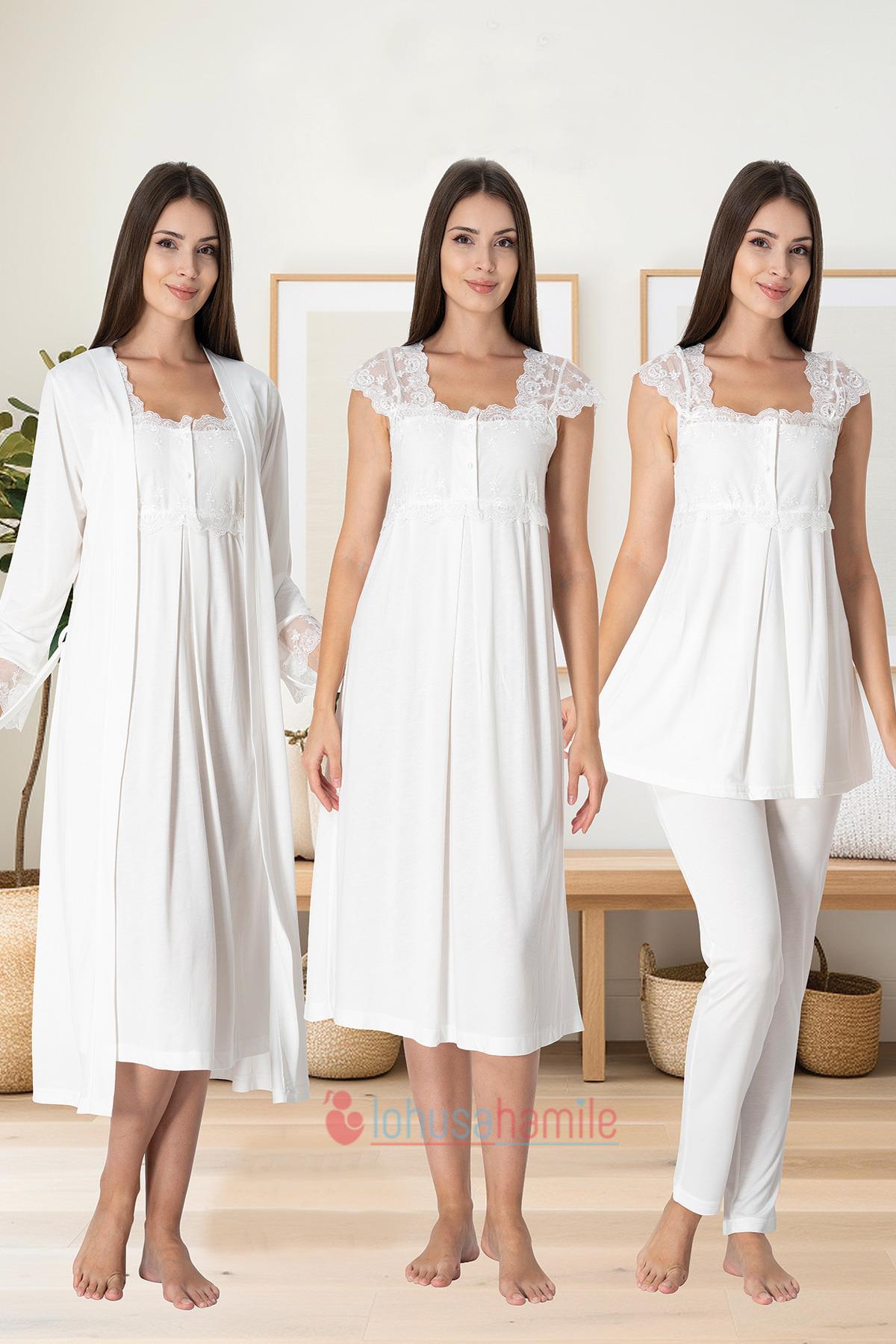Lace Shoulder 4 Piece Maternity-Nursing Set Ecru - 2305