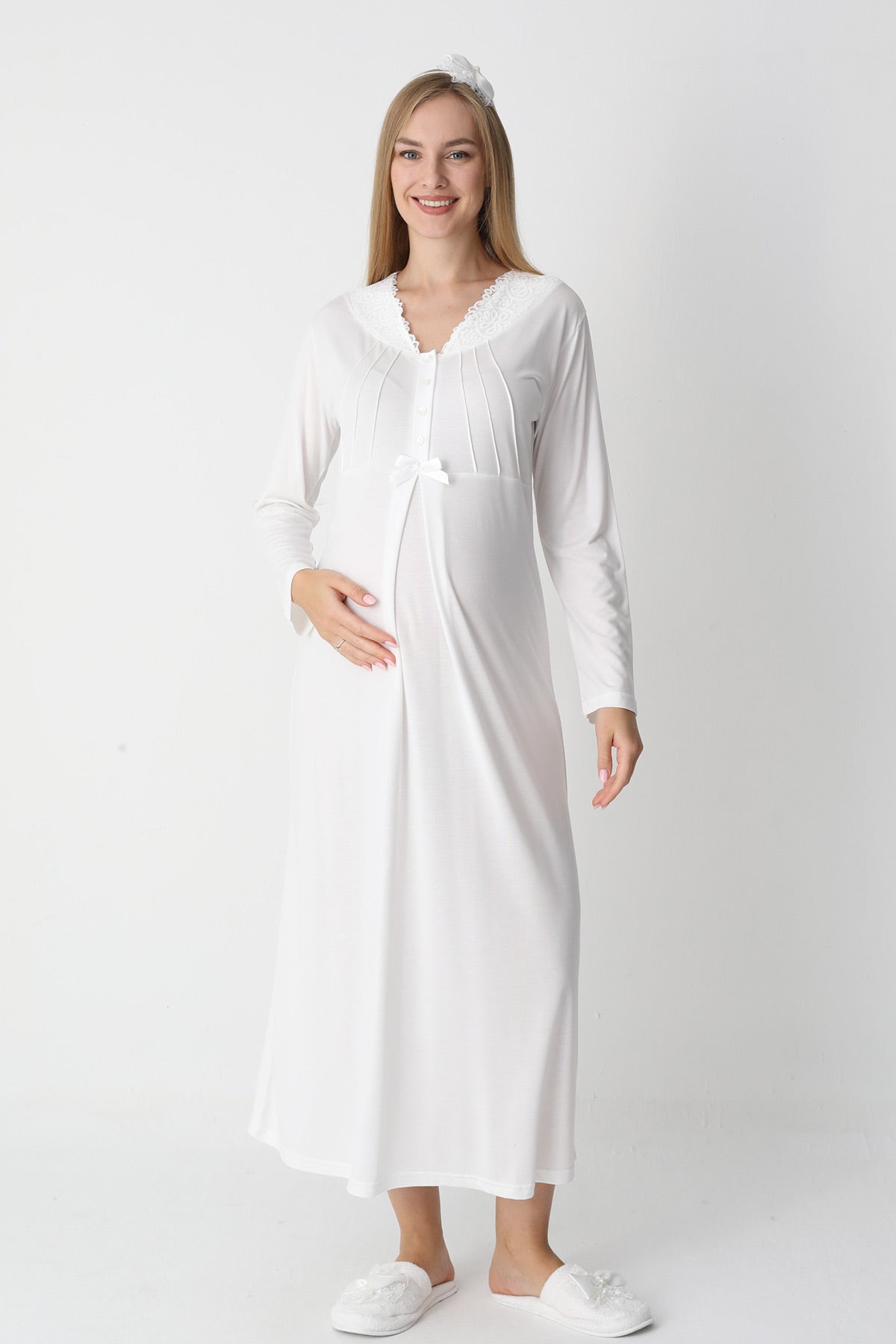 Lace Collar Maternity-Nursing Nightgown & Striped Robe Set Ecru - 2305