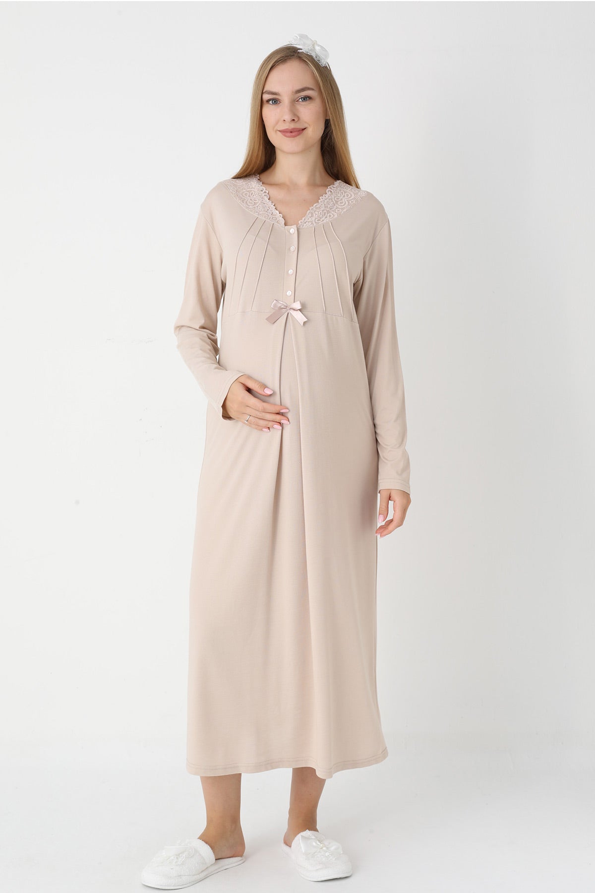 Lace Collar Maternity-Nursing Nightgown & Striped Robe Set Mink - 2305
