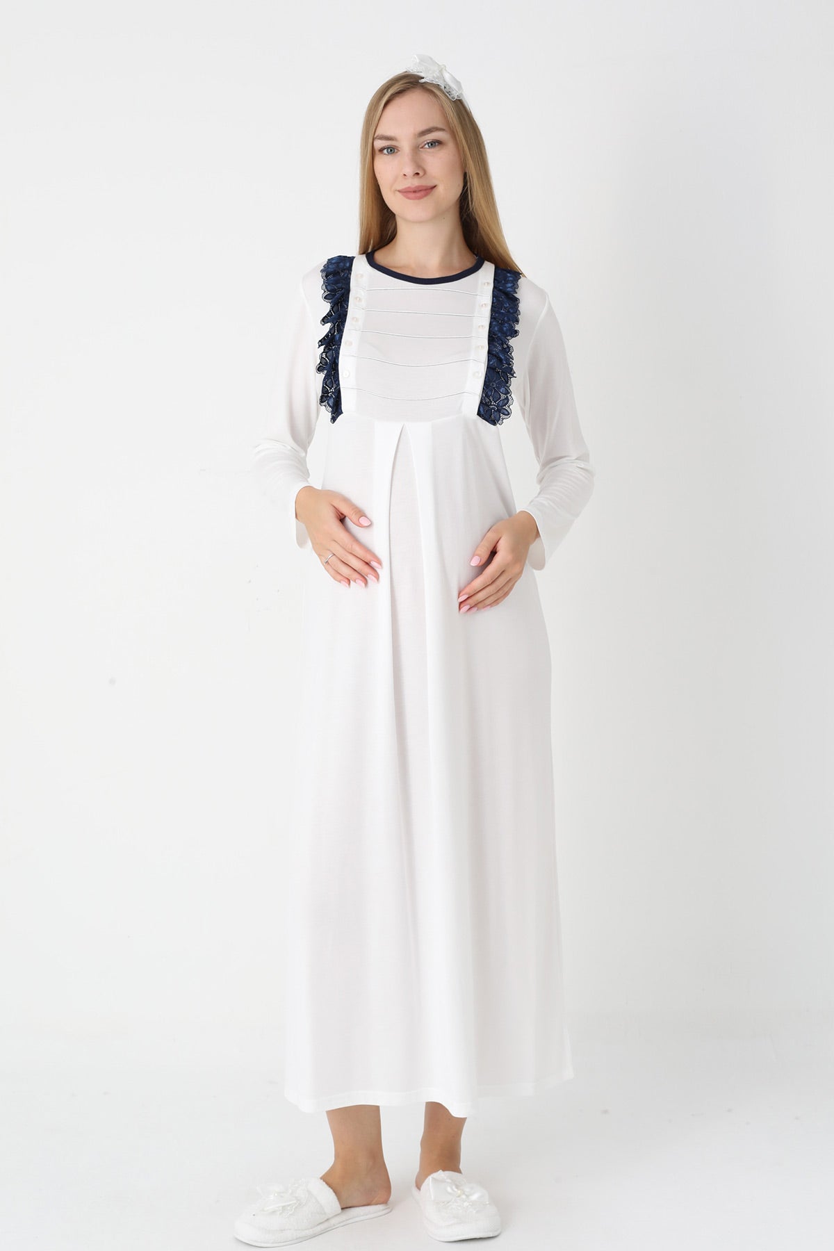 Lacy Edge Maternity-Nursing Nightgown & Polka Dot Robe Set Navy Blue - 2308