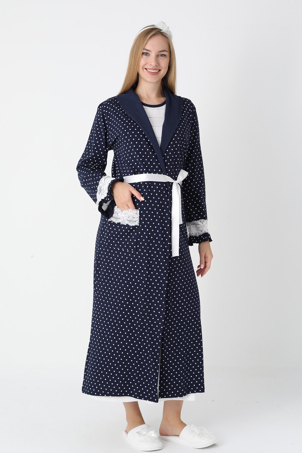 Lacy Edge Maternity-Nursing Nightgown & Polka Dot Robe Set Navy Blue - 2308
