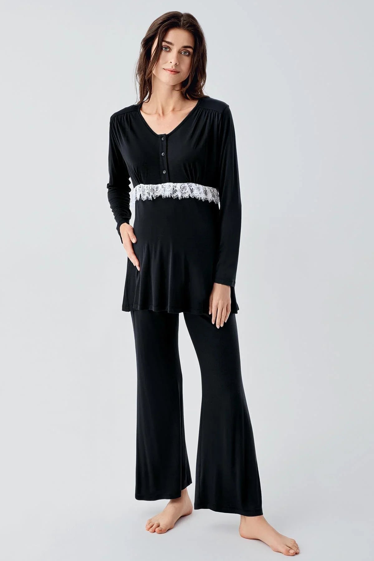 Lacy 3-Piece Maternity-Nursing Pajama & Patterned Robe Set Black - 23101