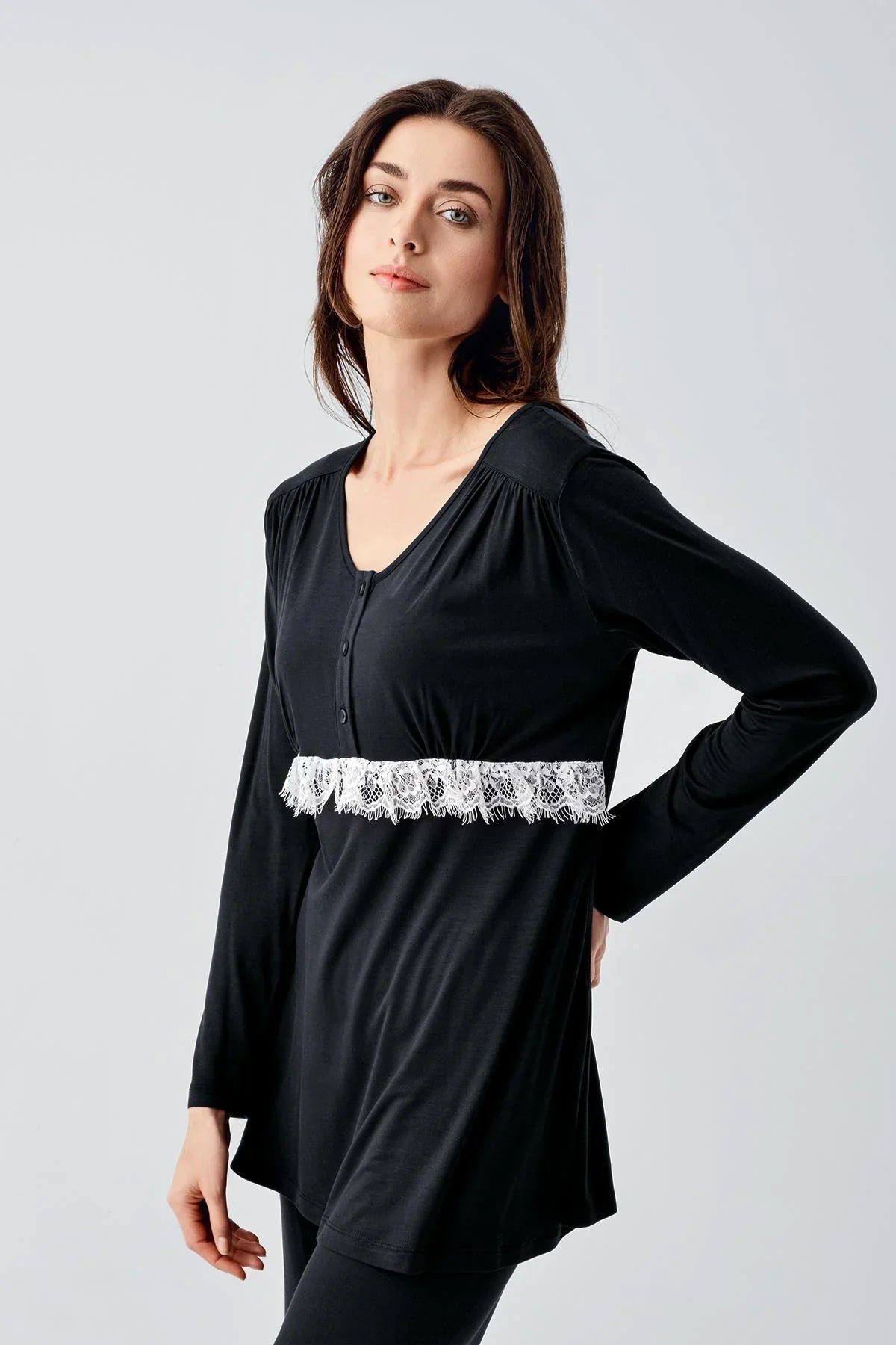 Lacy 3-Piece Maternity-Nursing Pajama & Patterned Robe Set Black - 23101