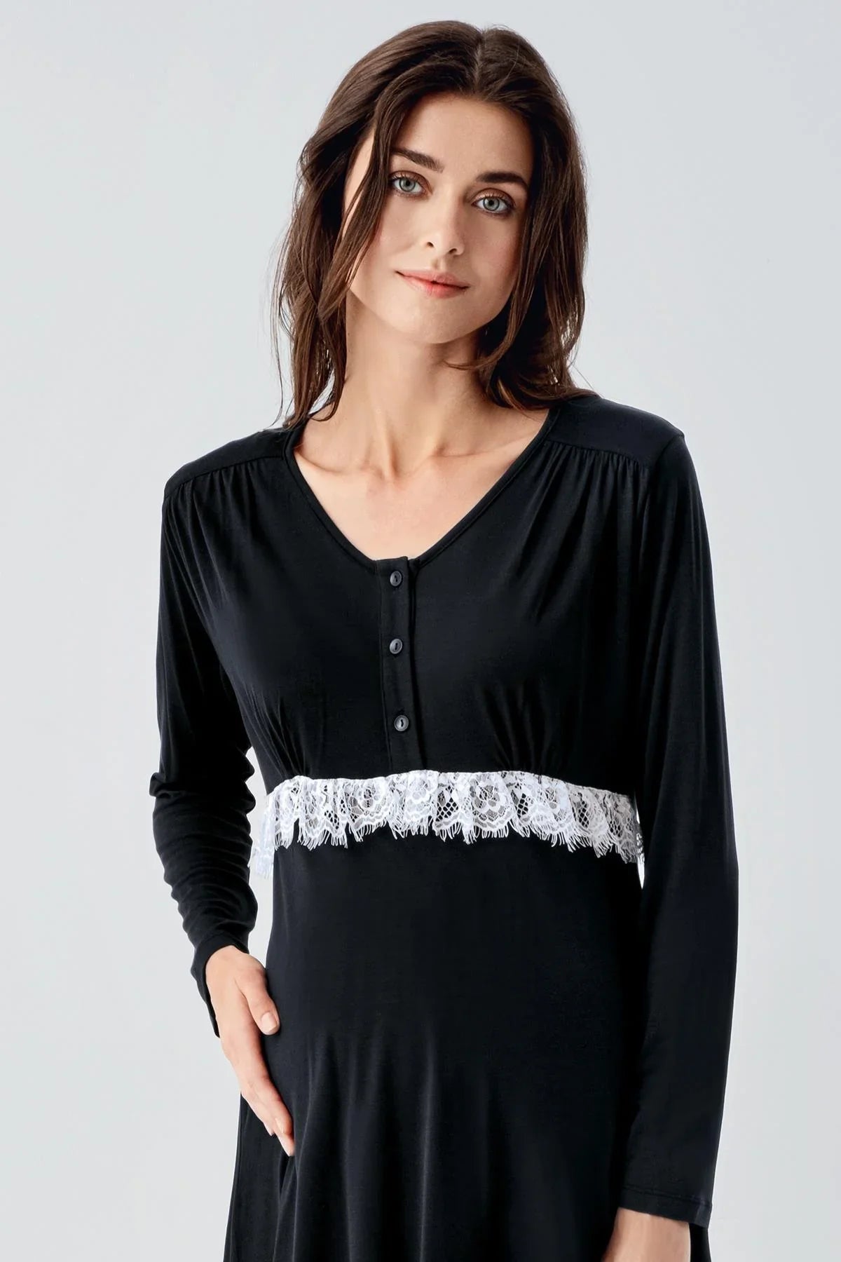 Lacy 3-Piece Maternity-Nursing Pajama & Patterned Robe Set Black - 23101