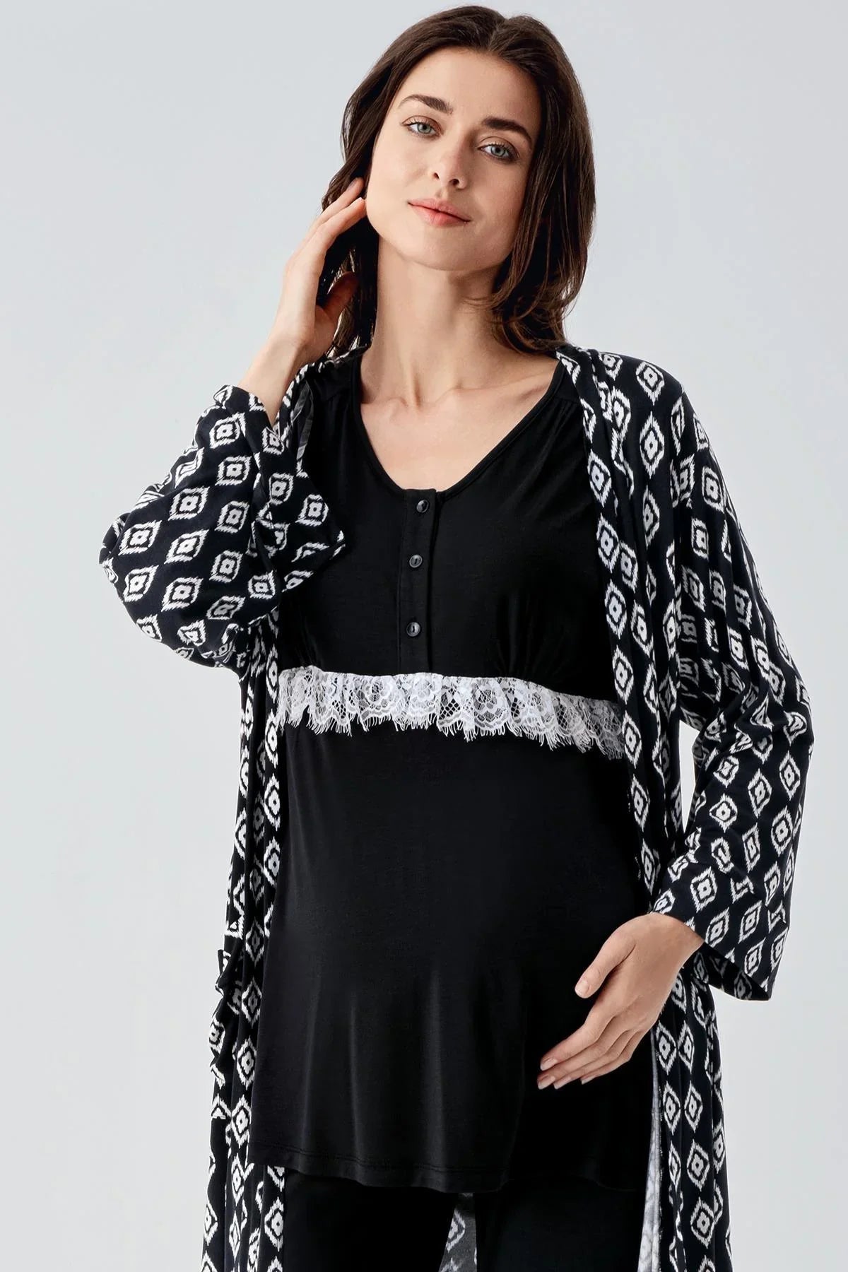 Lacy 3-Piece Maternity-Nursing Pajama & Patterned Robe Set Black - 23101