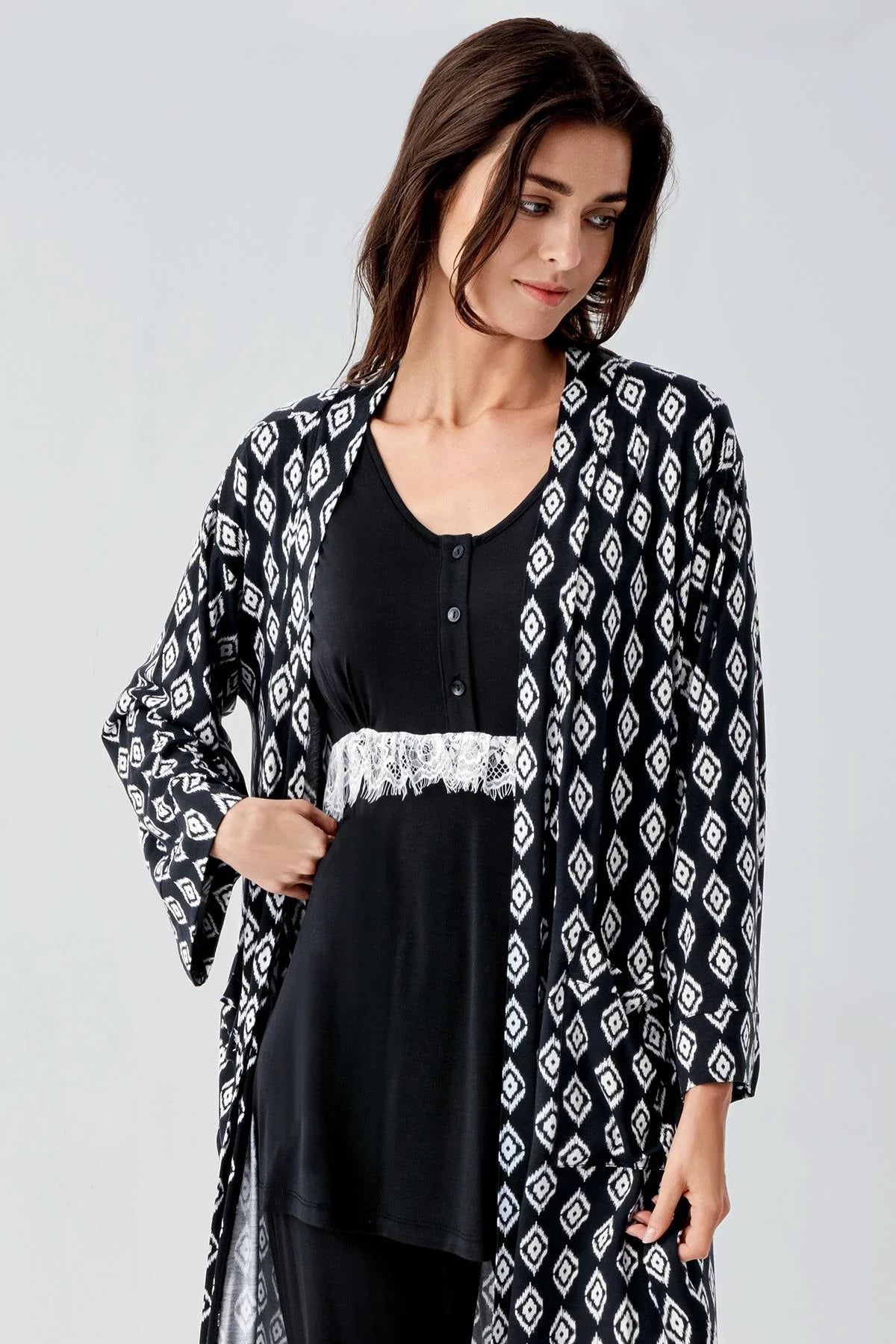Lacy 3-Piece Maternity-Nursing Pajama & Patterned Robe Set Black - 23101