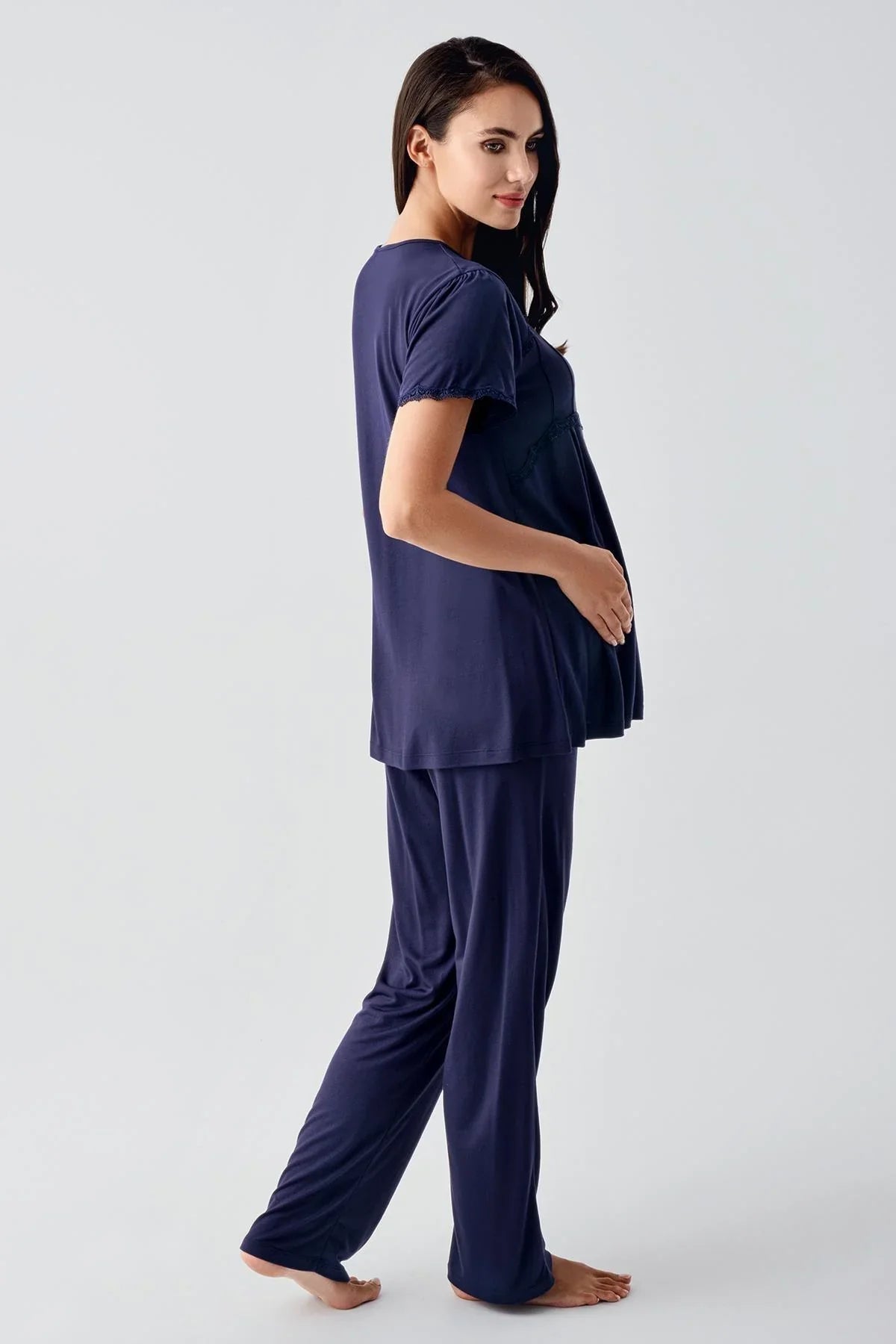 Lace Collar 3-Piece Maternity-Nursing Pajama & Flywheel Arm Robe Set Navy Blue - 23104